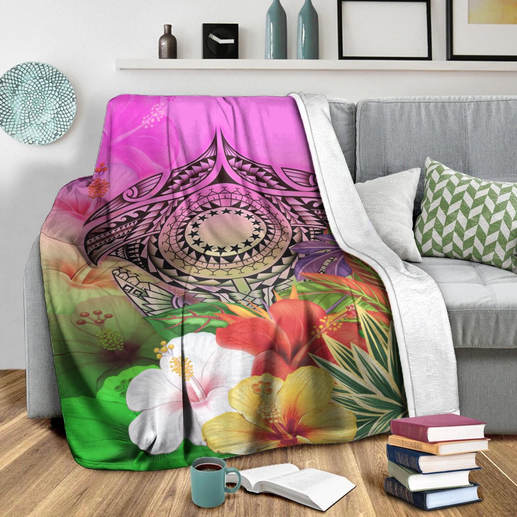 Cook Islands Polynesian Premium Blanket - Manta Ray Tropical Flowers White - Polynesian Pride