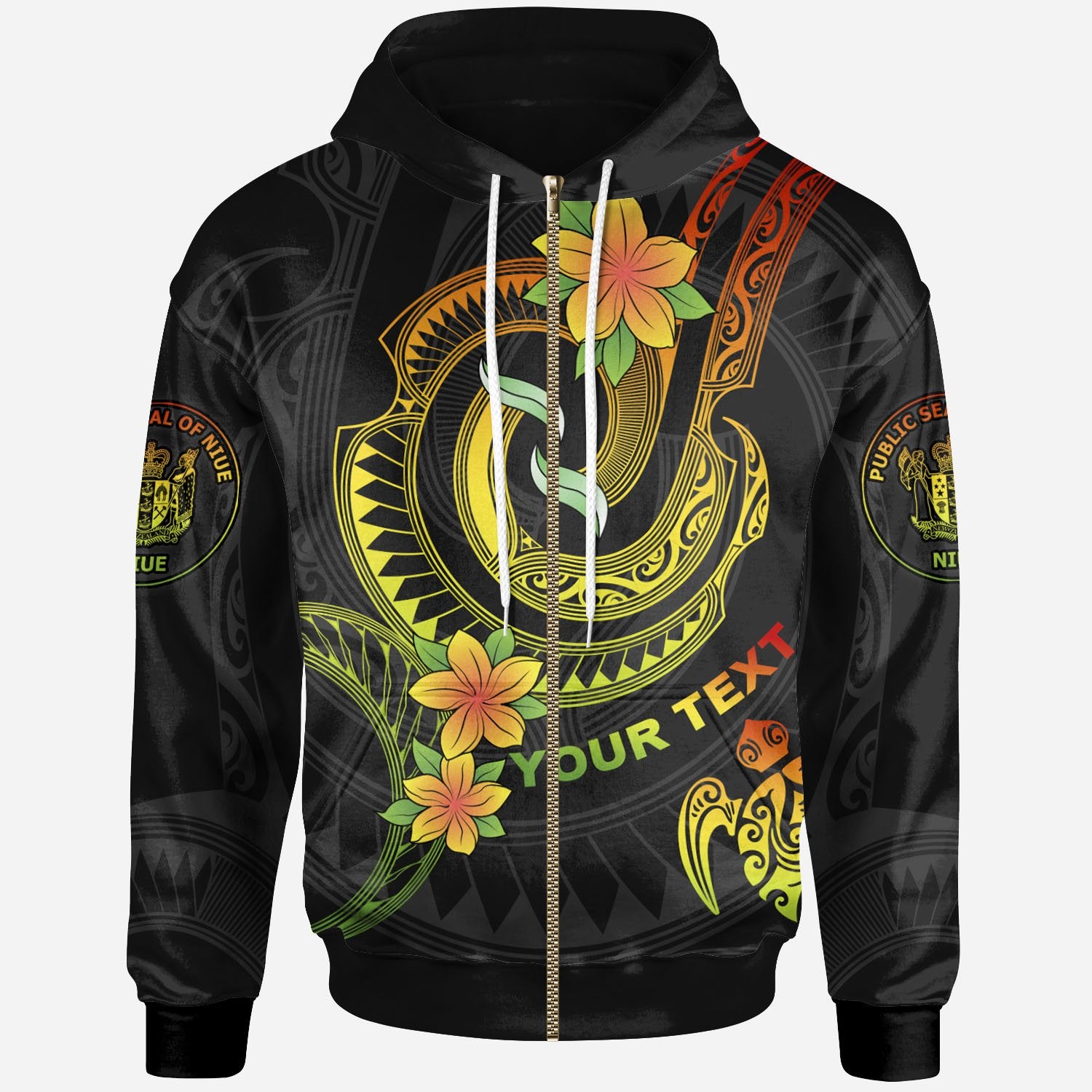 Niue Custom Zip up Hoodie Reggae Plumeria Flowers with Spiral Patterns Unisex Reggae - Polynesian Pride