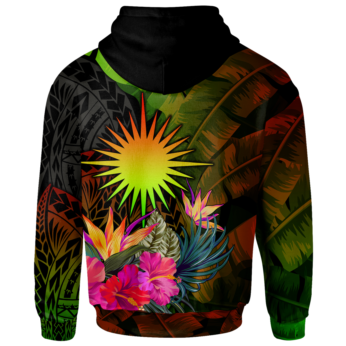 Marshall Islands Polynesian Hoodie Hibiscus and Banana Leaves - Polynesian Pride