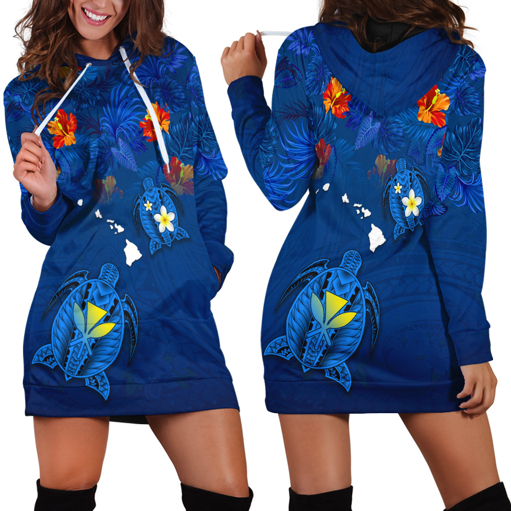 Hawaiian Islands Hoodie Dress - Hawaii Tropical Flowers and Turtles Blue LT13 Blue - Polynesian Pride