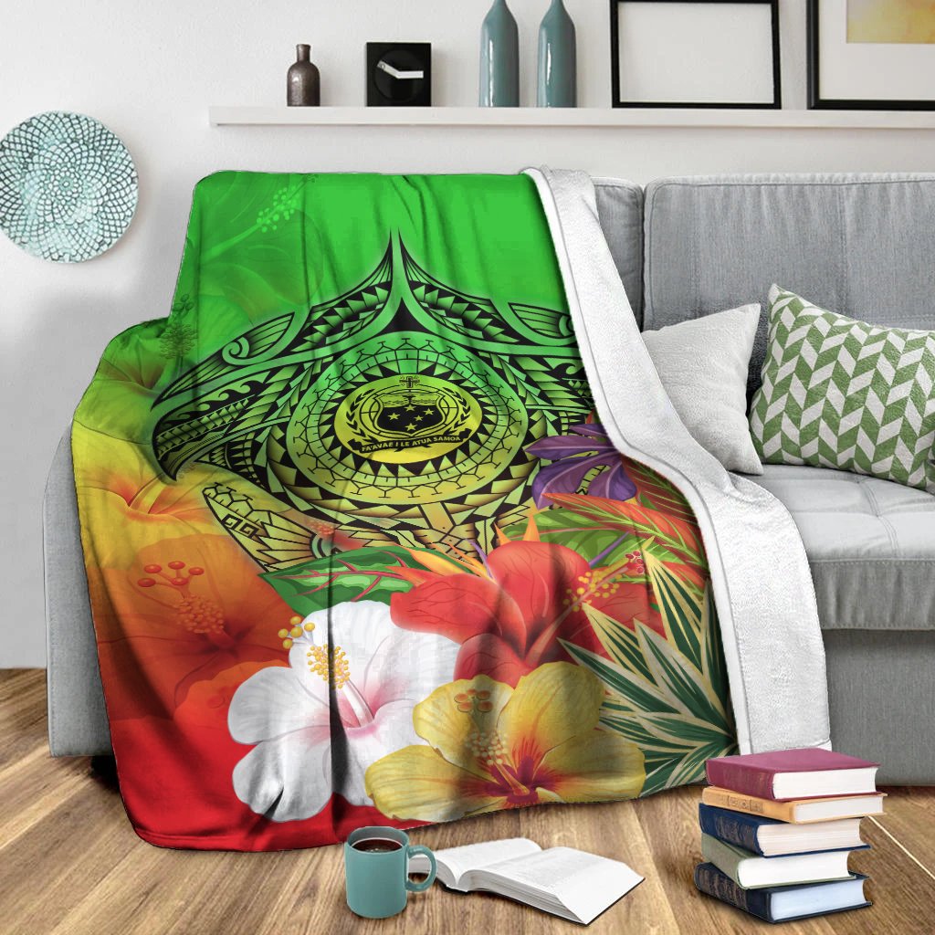 Samoa Premium Blanket - Manta Ray Tropical Flowers (Green) White - Polynesian Pride