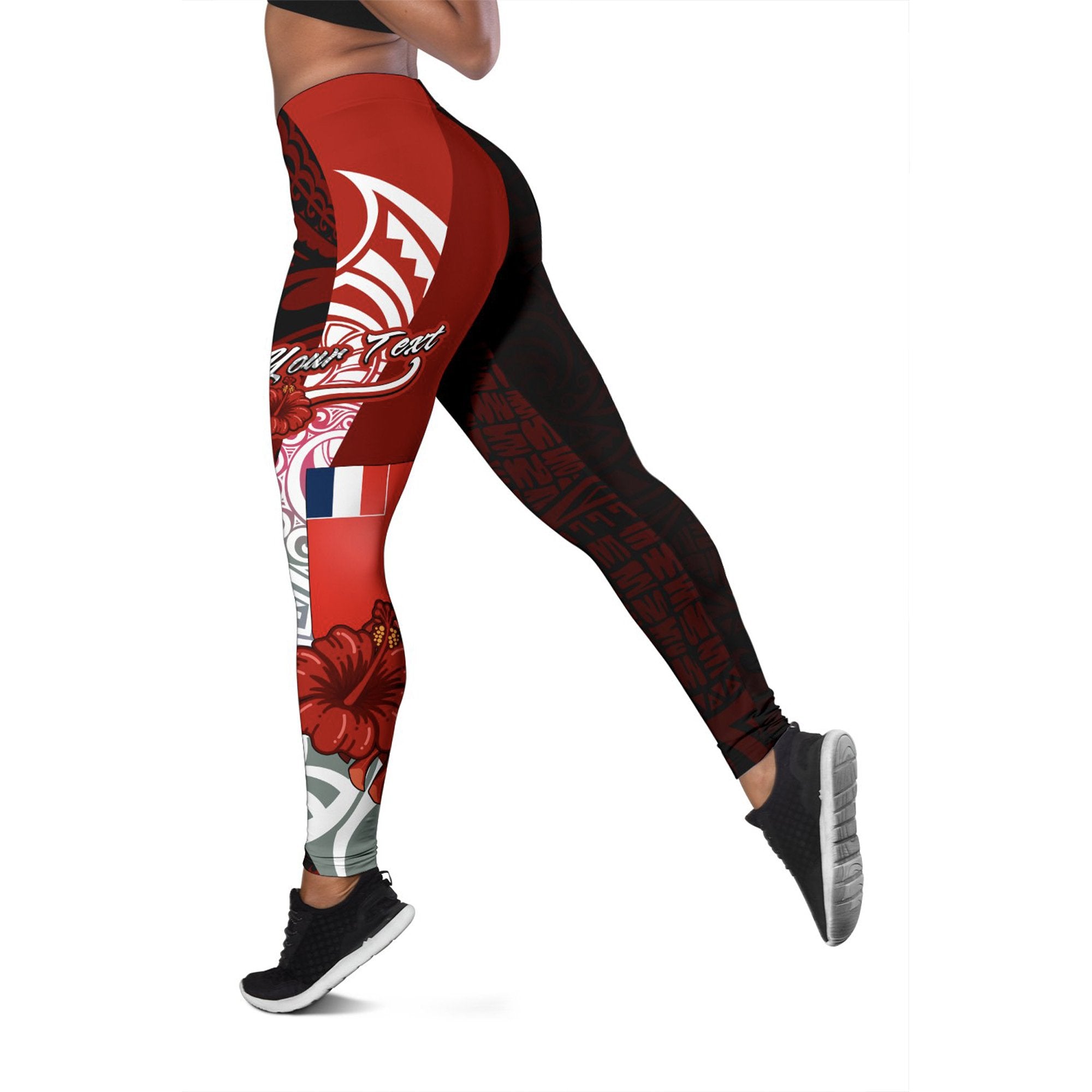 Wallis and Futuna Polynesian Custom Personalised Legging - Coat Of Arm With Hibiscus Red - Polynesian Pride