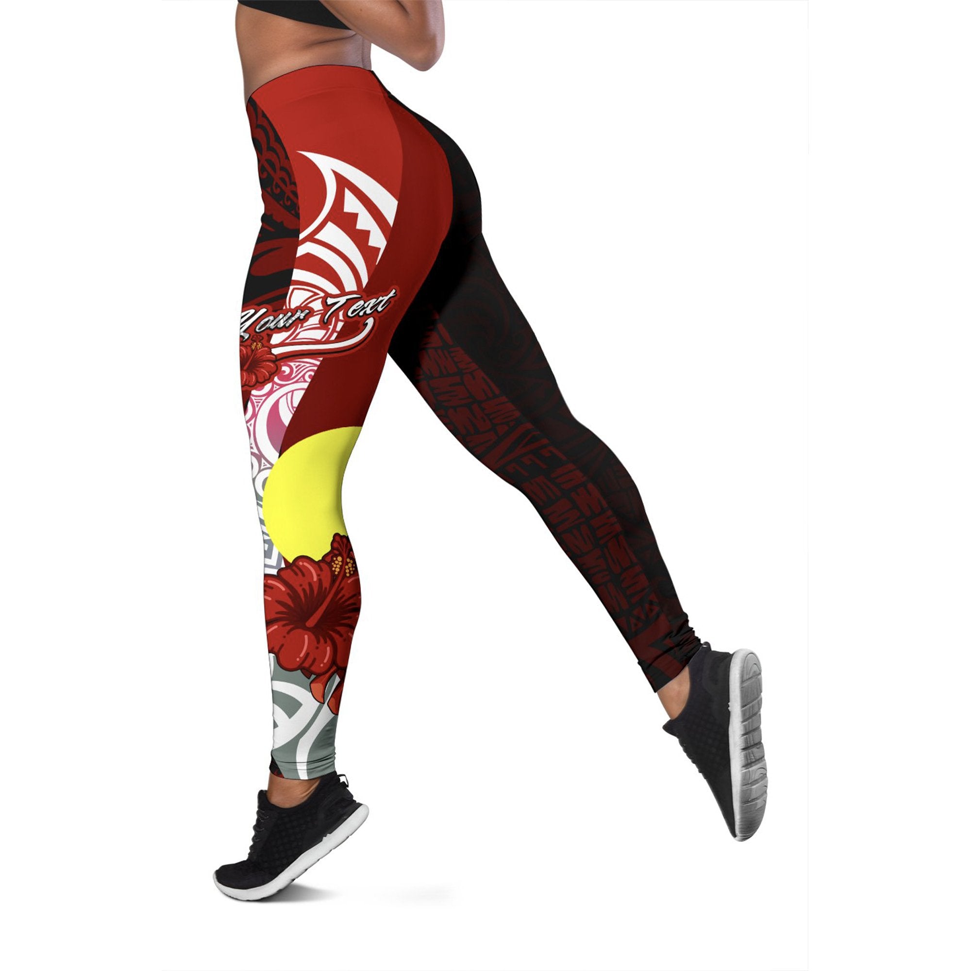 Palau Polynesian Custom Personalised Legging - Coat Of Arm With Hibiscus Red - Polynesian Pride