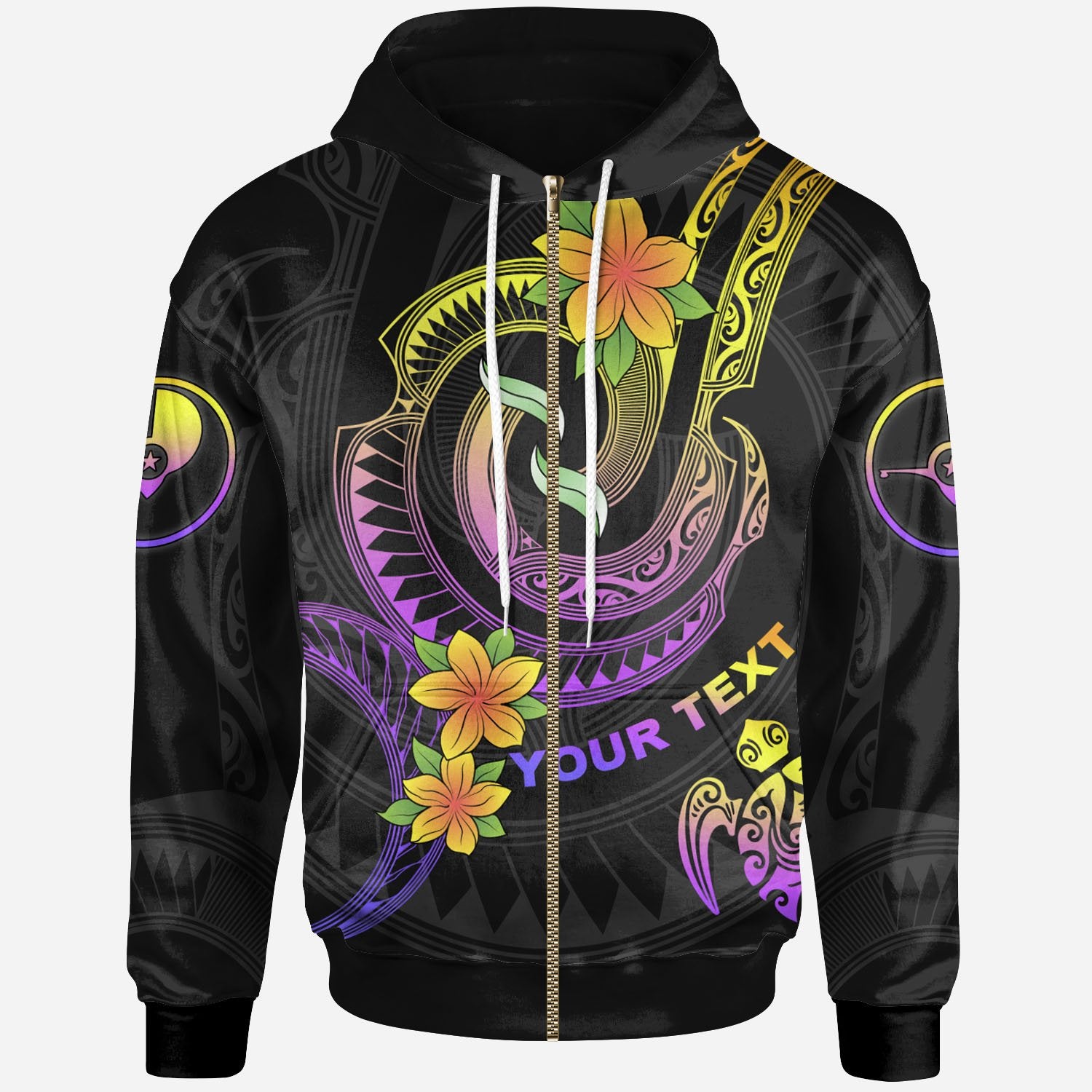 Yap Custom Zip up Hoodie Plumeria Flowers with Polynesian Patterns Unisex Black - Polynesian Pride