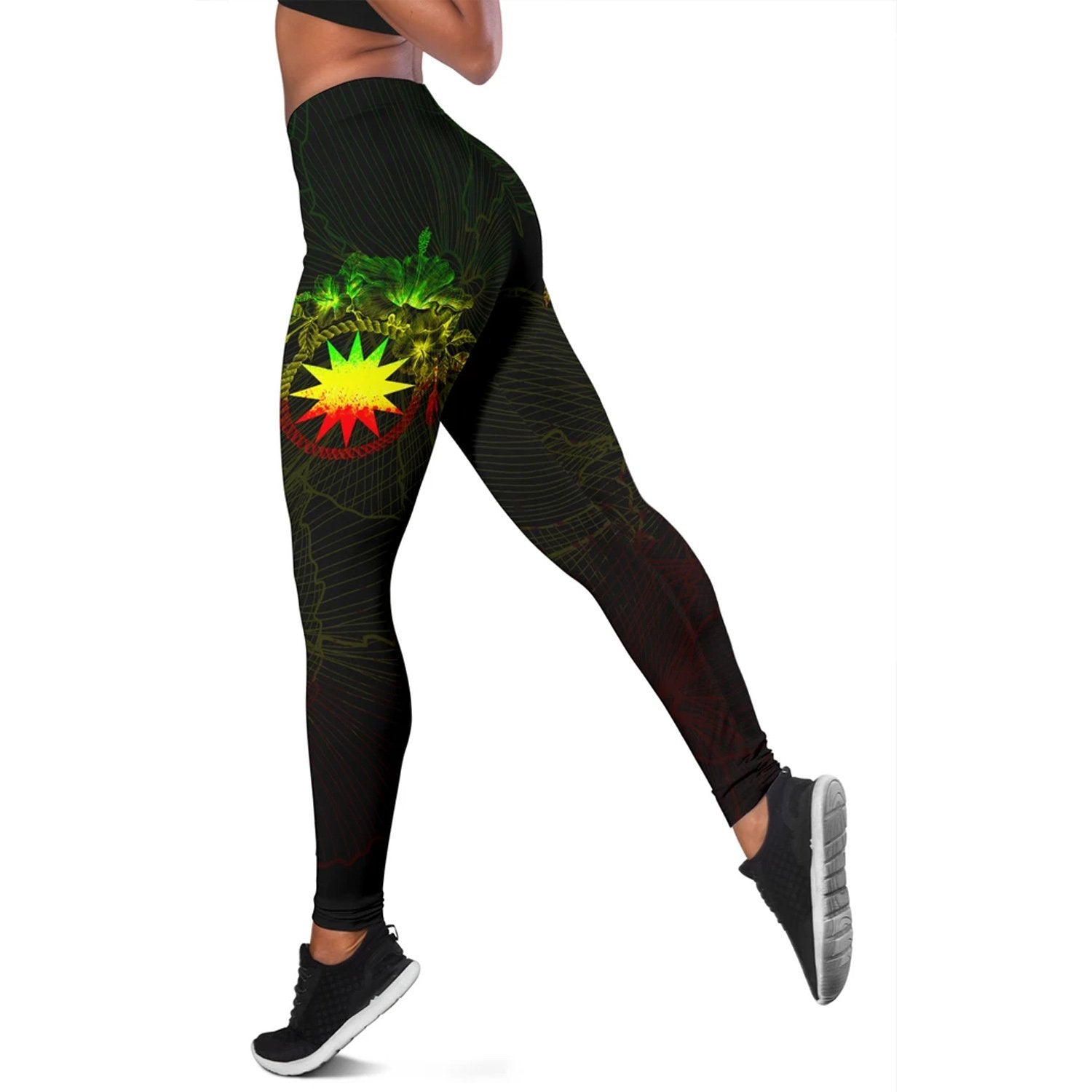 Nauru Polynesian Women's Legging - Reggae Turtle Hibiscus Flower Frame Black - Polynesian Pride