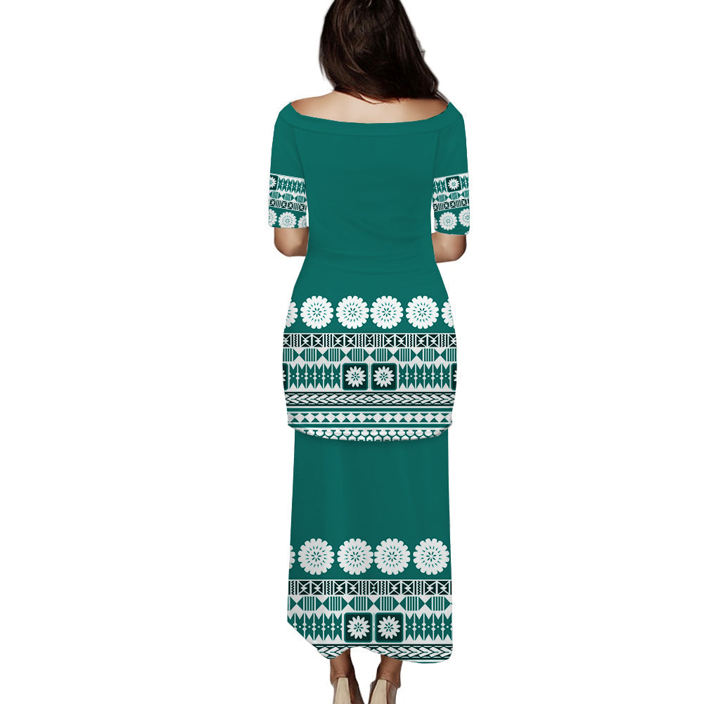 Fiji Bula Dress Tapa Turquoise Puletasi Dress LT14 Turquoise - Polynesian Pride