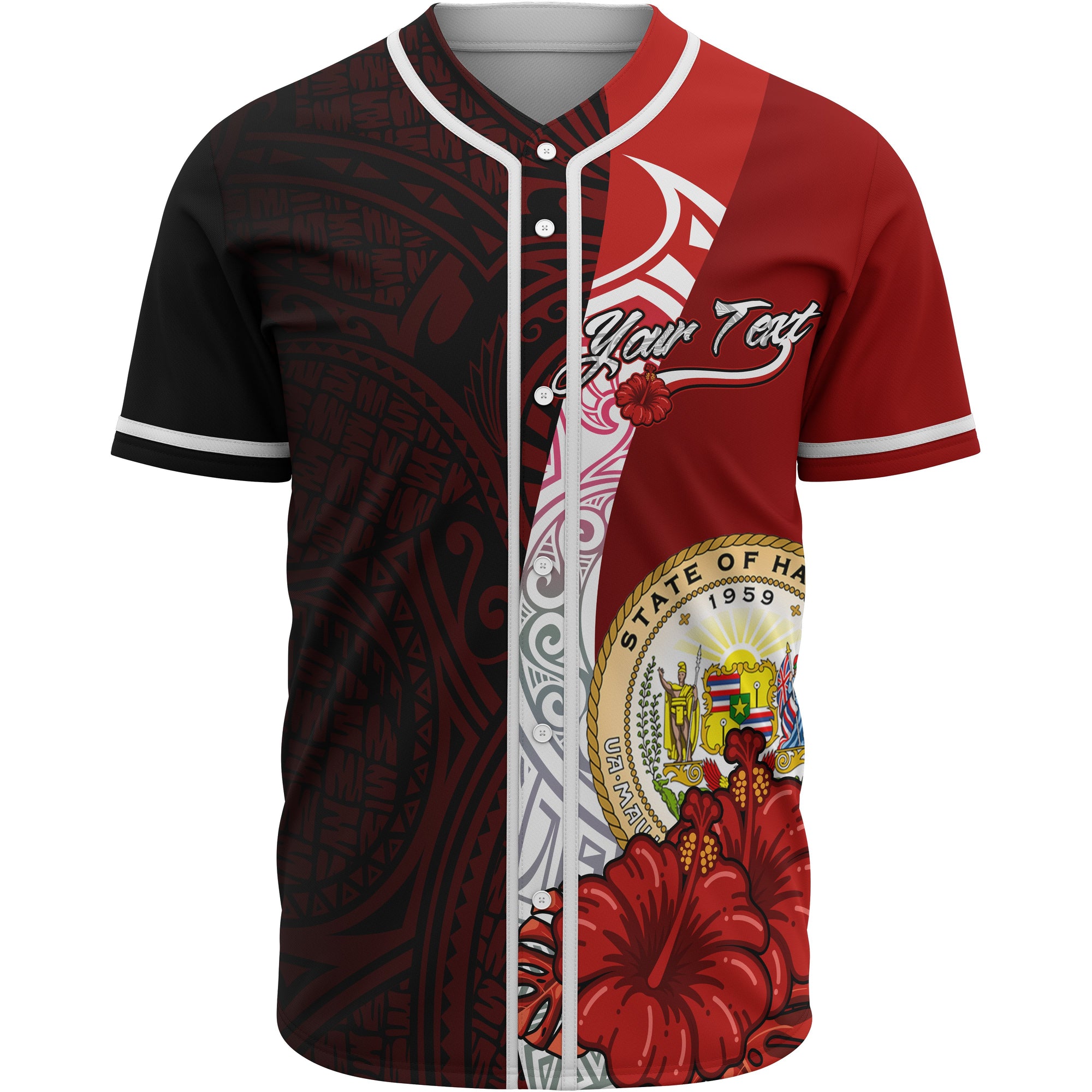 Hawaii Polynesian Custom Personalised Baseball Shirt - Coat Of Arm With Hibiscus Unisex Red - Polynesian Pride