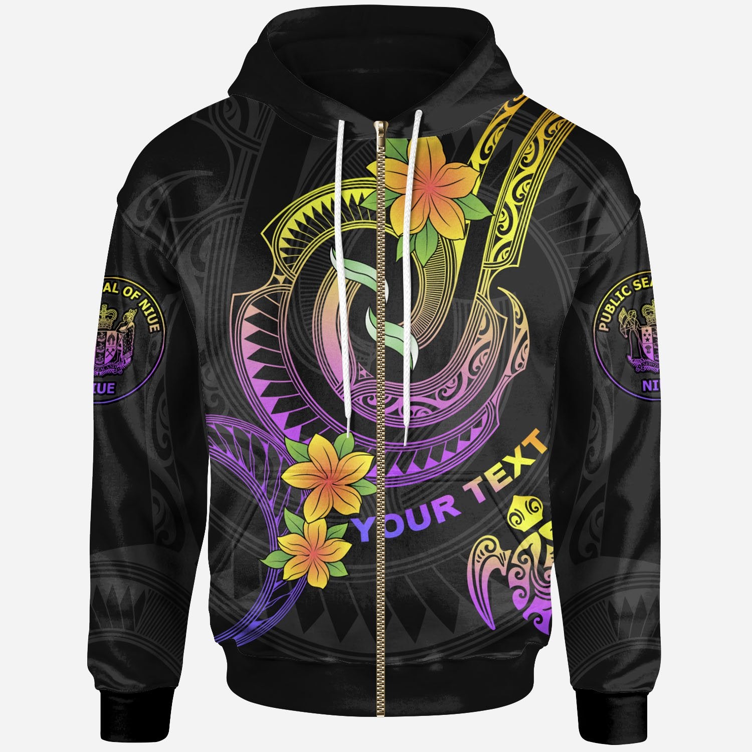 Niue Custom Zip up Hoodie Plumeria Flowers with Spiral Patterns Unisex Black - Polynesian Pride