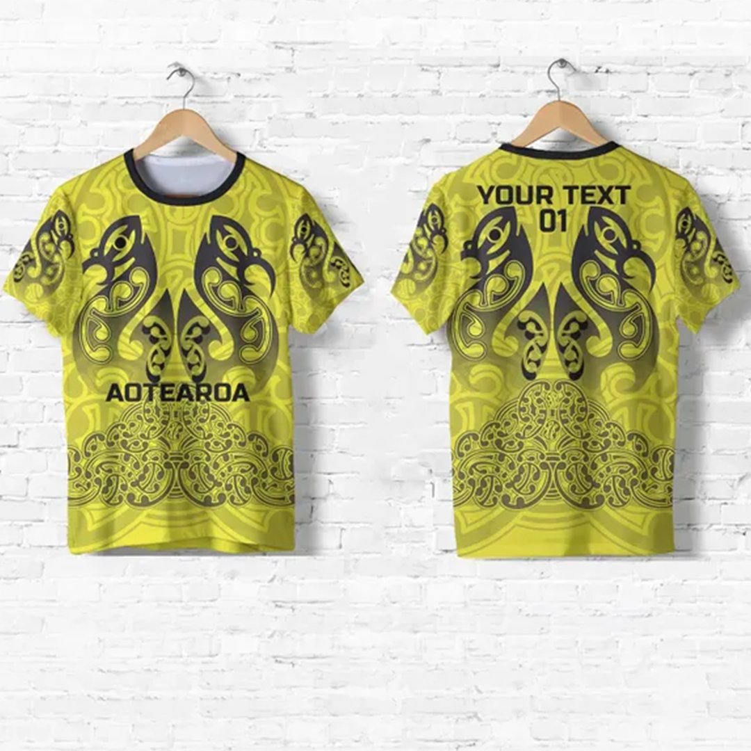 Custom Aotearoa Maori Rugby T Shirt New Zealand Mount Taranaki Manaia, Custom Text and Number Unisex Yellow - Polynesian Pride