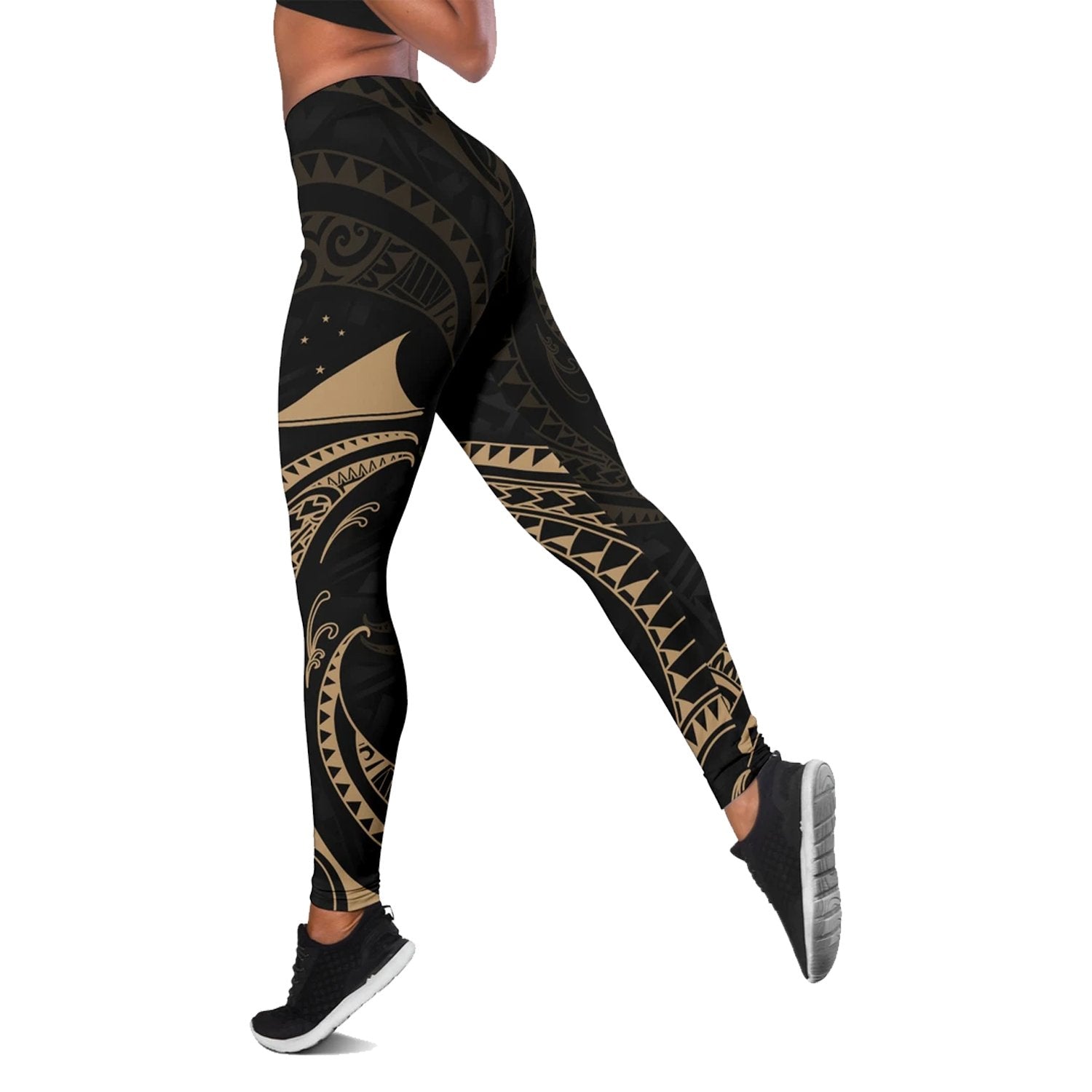 Tokelau Polynesian Women's Legging - Gold Tribal Wave Black - Polynesian Pride