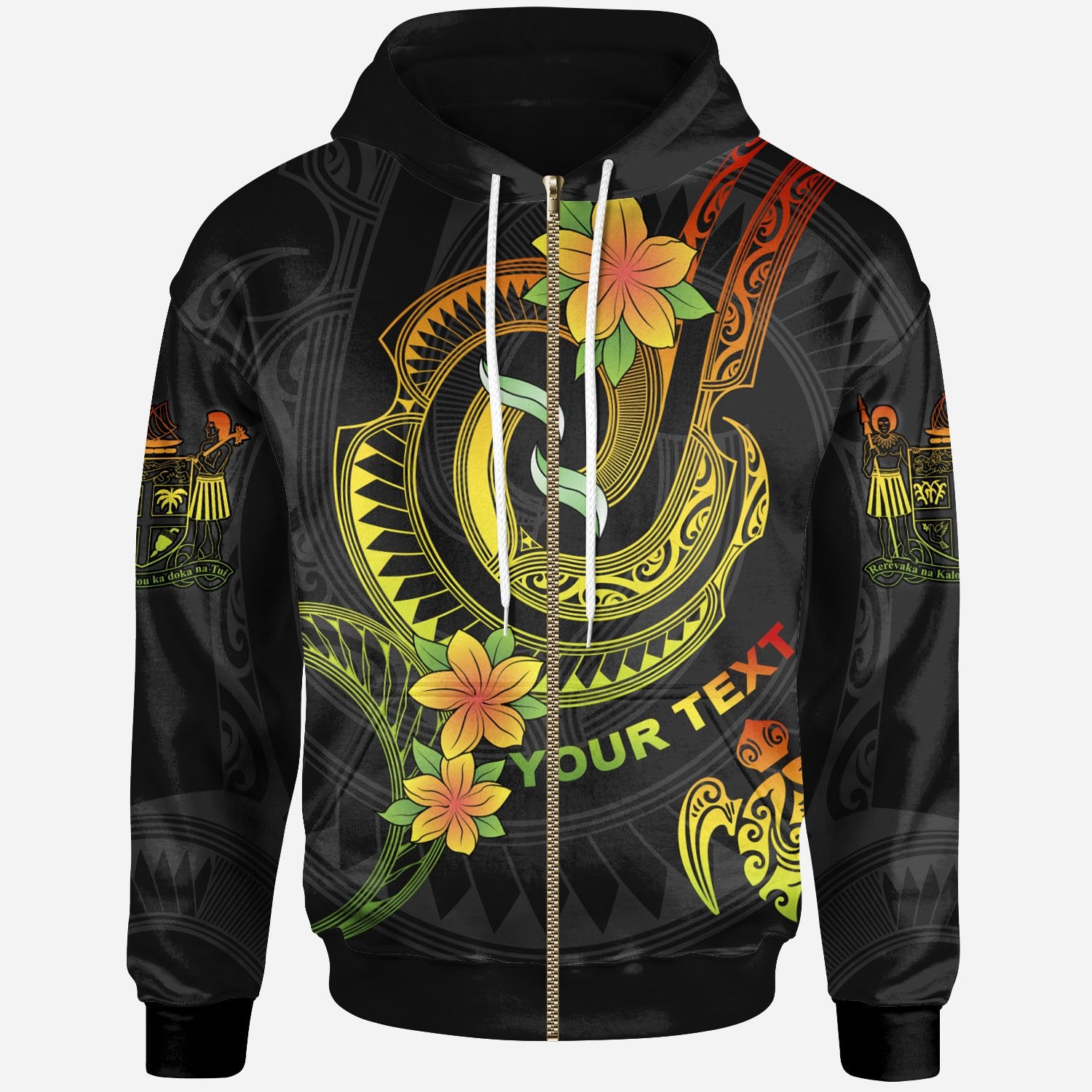 Fiji Custom Zip up Hoodie Reggae Plumeria Flowers with Spiral Patterns Unisex Reggae - Polynesian Pride