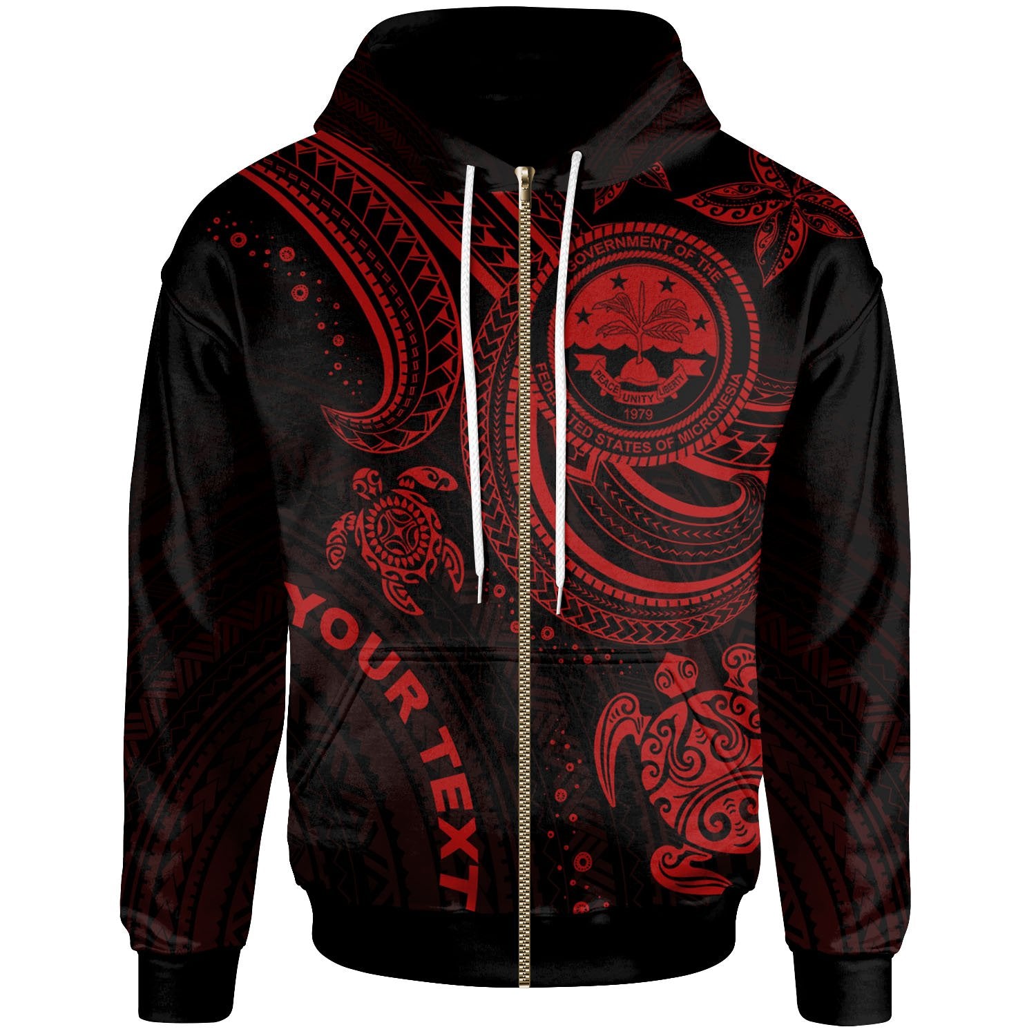 Federated States of Micronesia Custom Zip up Hoodie Coat of Arm with Red Turtle Unisex Red - Polynesian Pride