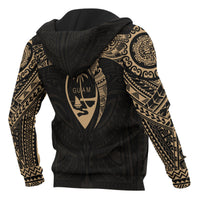 Guam Polynesian Zip up Hoodie Gold Heart Shield - Polynesian Pride