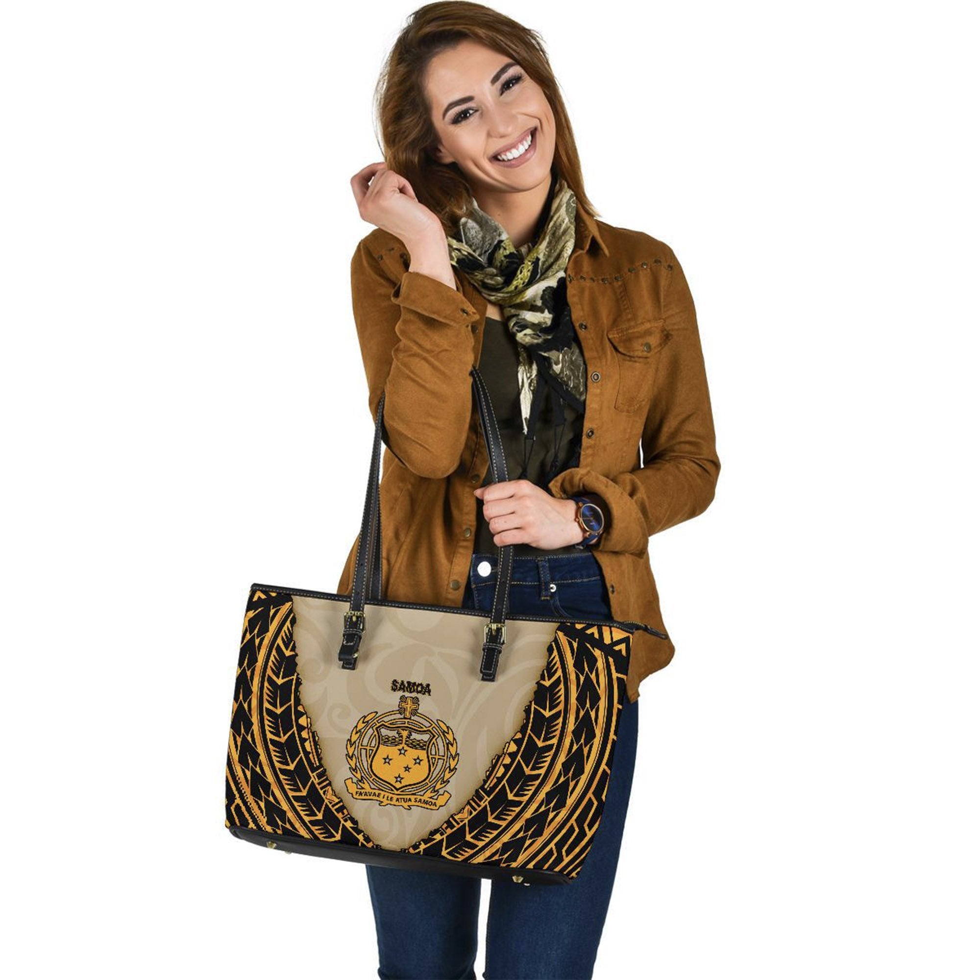 Samoa Large Leather Tote - Polynesian Wild Style Beige - Polynesian Pride