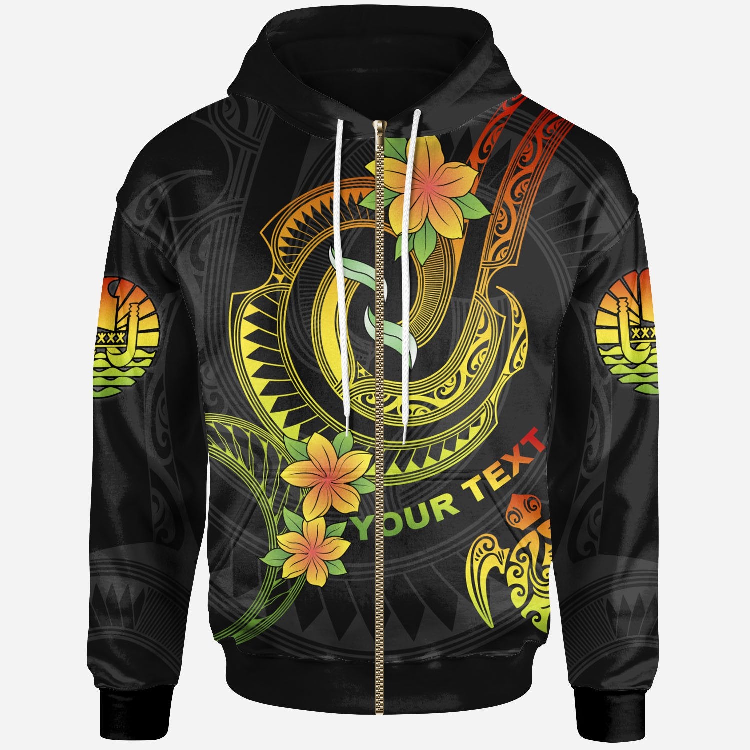 Tahiti Custom Zip up Hoodie Reggae Plumeria Flowers with Spiral Patterns Unisex Reggae - Polynesian Pride