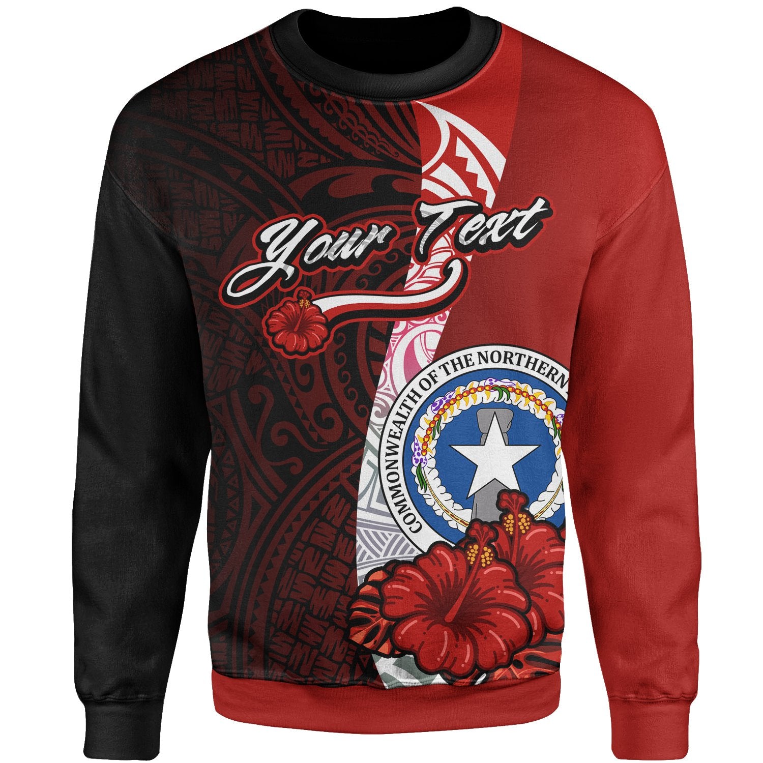 Northern Mariana Islands Polynesian Custom Personalised Sweater - Coat Of Arm With Hibiscus Unisex Red - Polynesian Pride