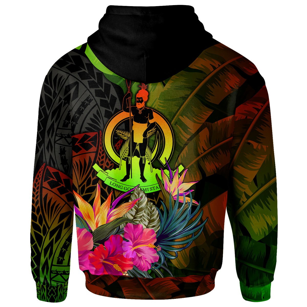 Vanuatu Polynesian Zip up Hoodie Hibiscus and Banana Leaves - Polynesian Pride