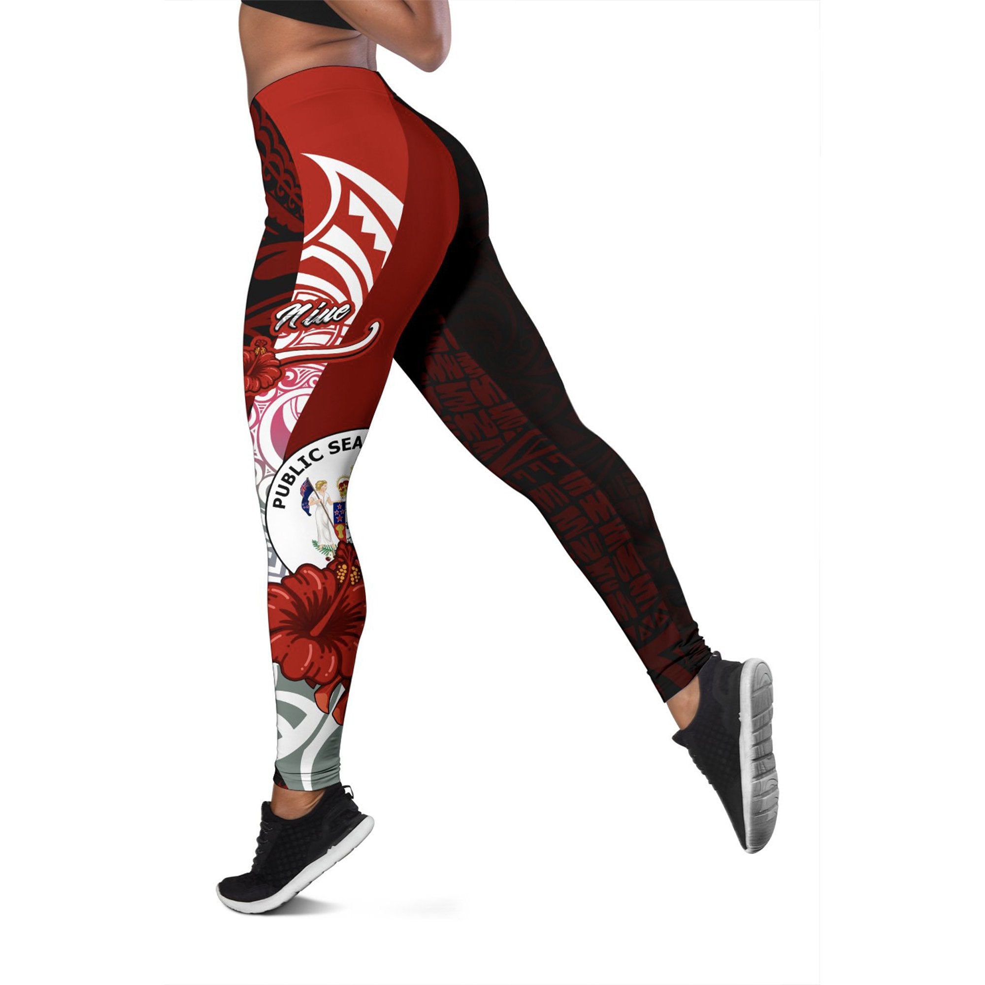 Niue Polynesian Legging - Coat Of Arm With Hibiscus Red - Polynesian Pride