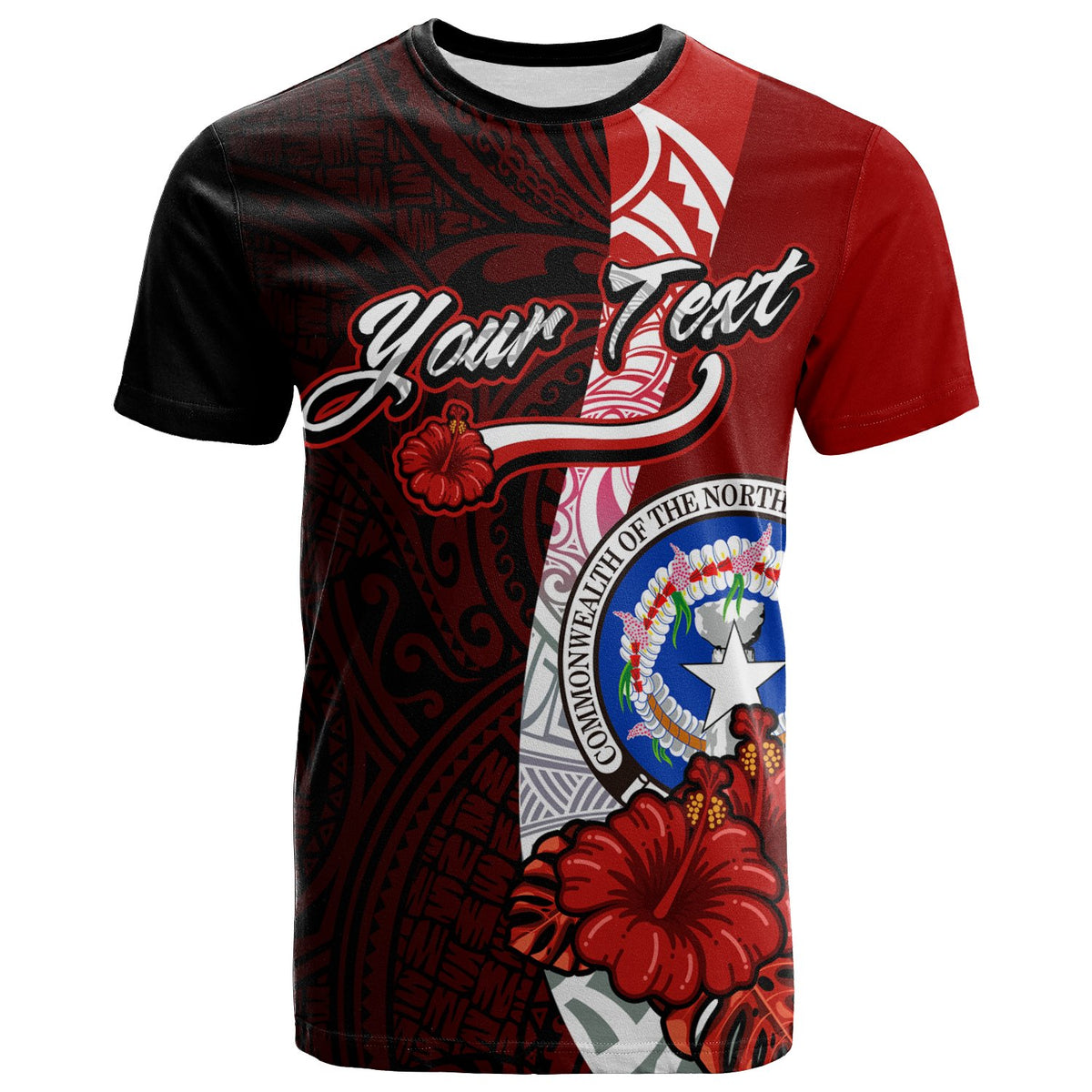 Northern Mariana Islands Polynesian Custom T Shirt Coat Of Arm With Hibiscus Unisex Red - Polynesian Pride