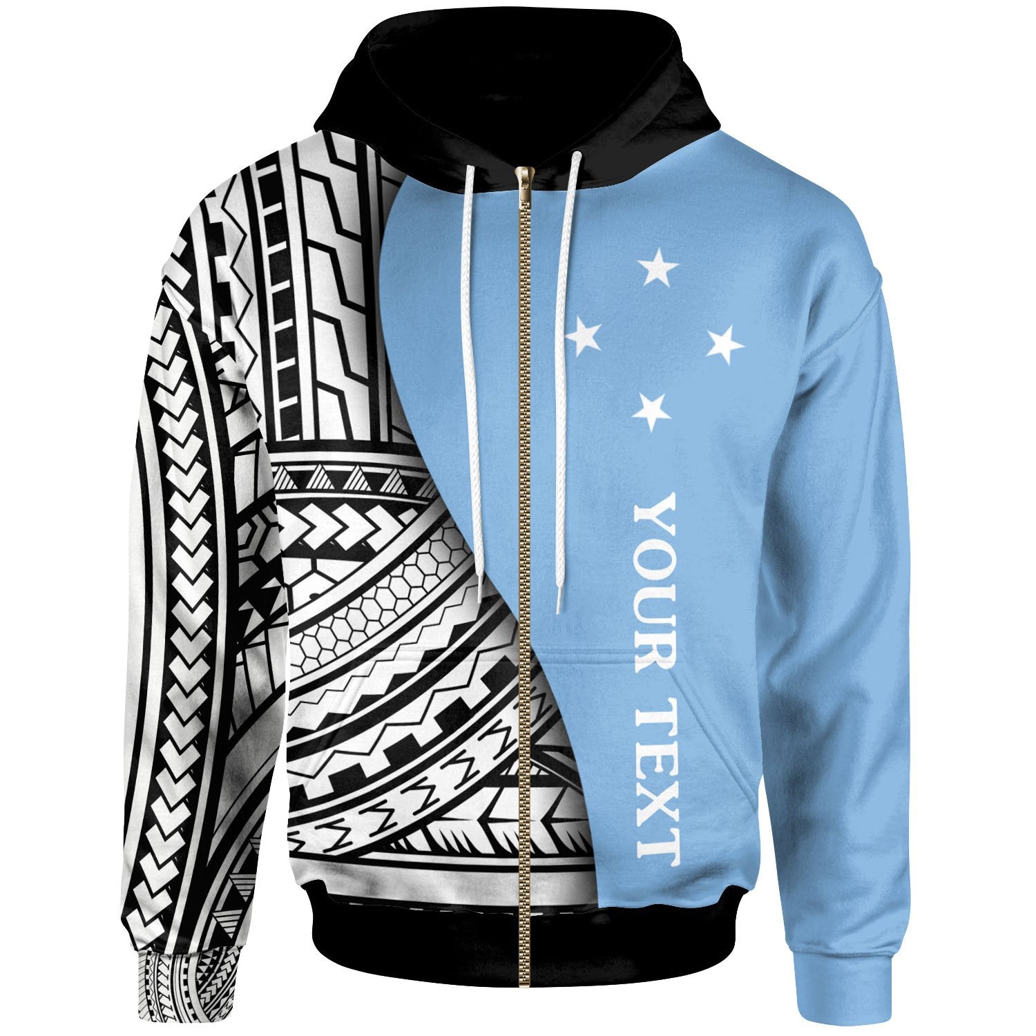 Federated States of Micronesia Custom Zip up Hoodie Coat of Arm and Polynesian Patterns Unisex Blue - Polynesian Pride