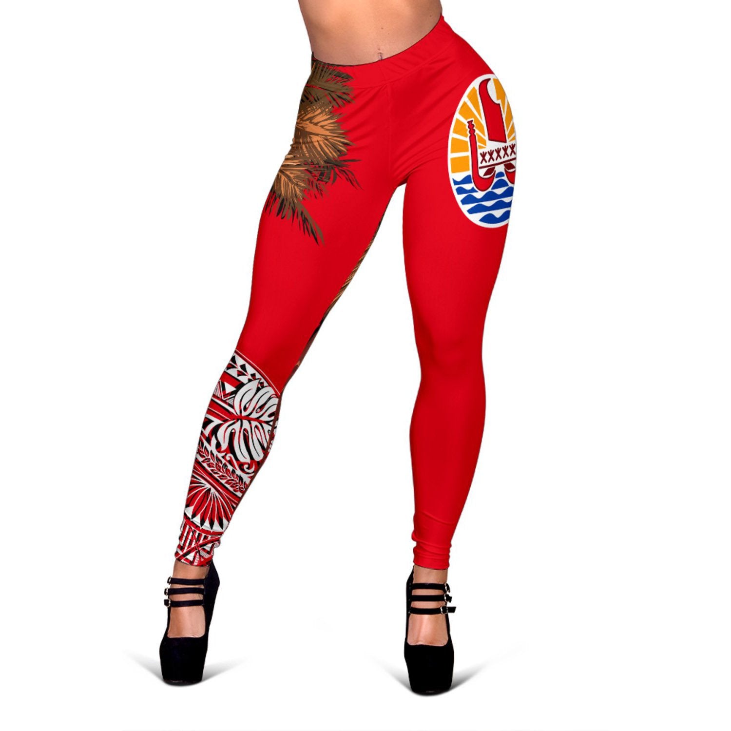 French Polynesia Women's Leggings - Palm Tree Polynesian Pattern Red - Polynesian Pride