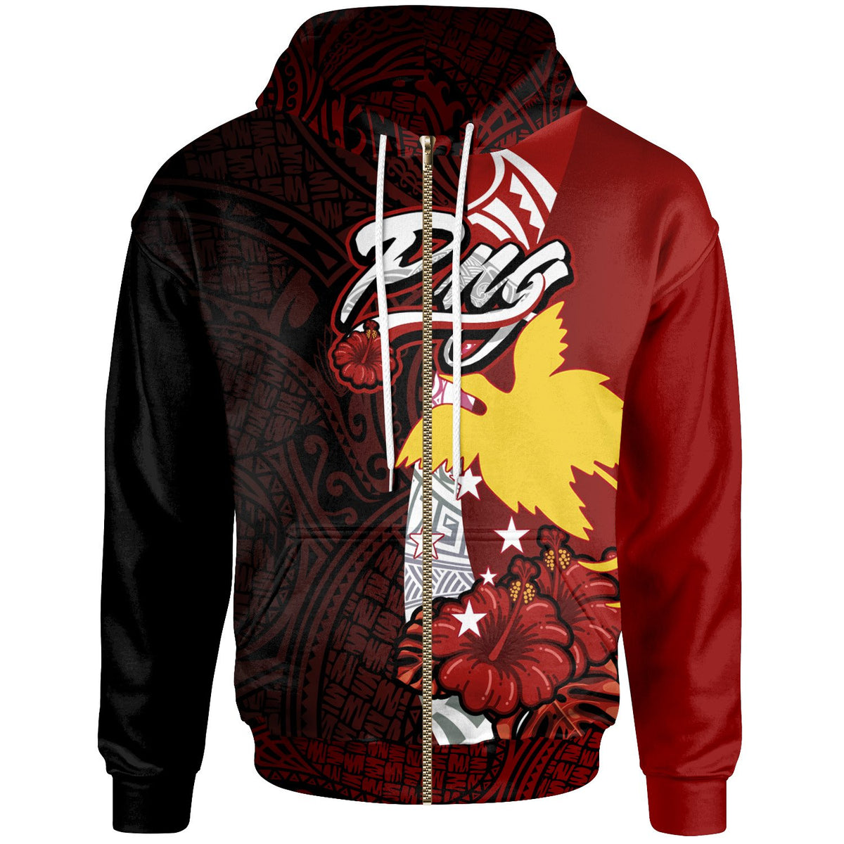 Papua New Guinea Polynesian Zip up Hoodie Bird of Paradise With Hibiscus Unisex Red - Polynesian Pride