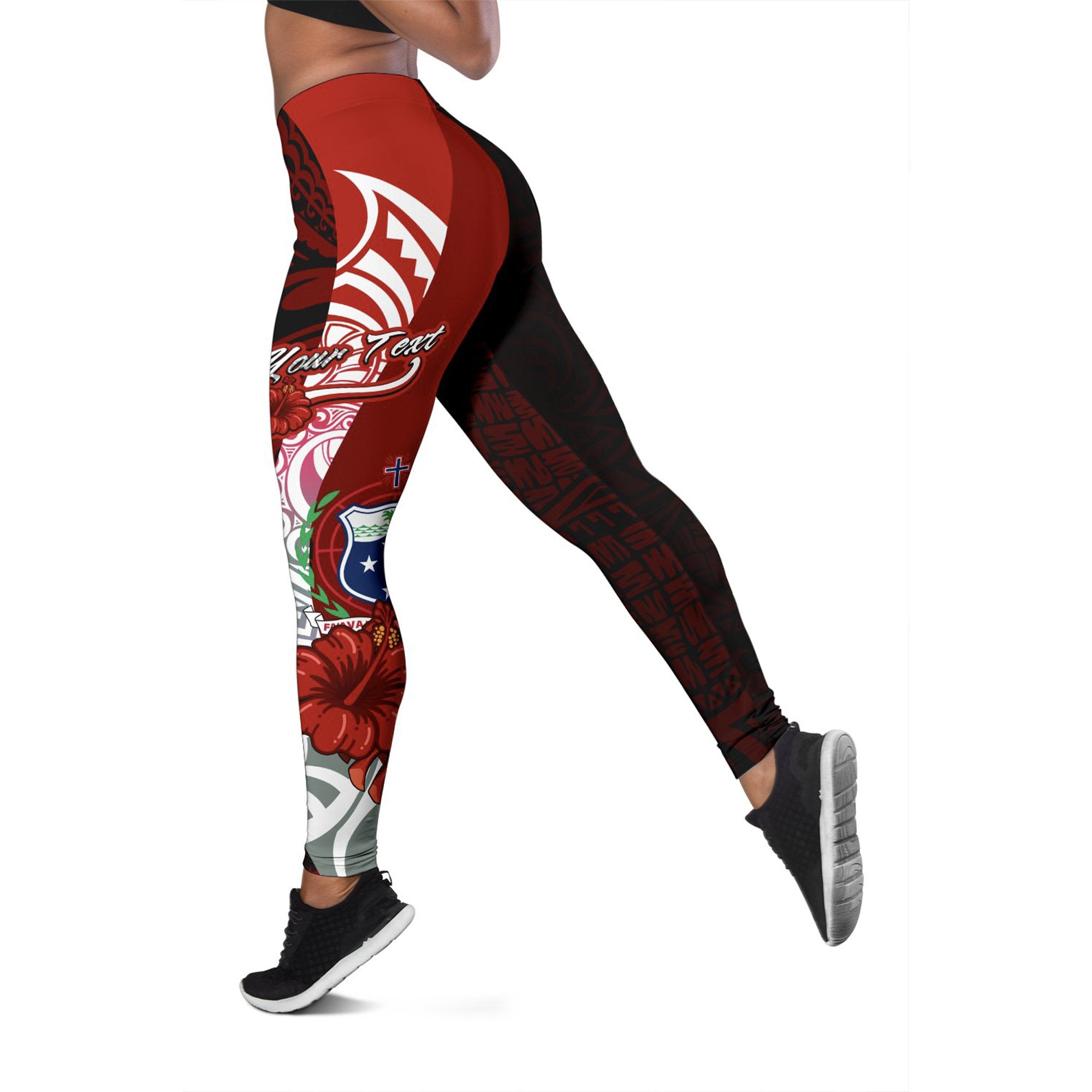 Samoa Polynesian Custom Personalised Legging - Coat Of Arm With Hibiscus Red - Polynesian Pride