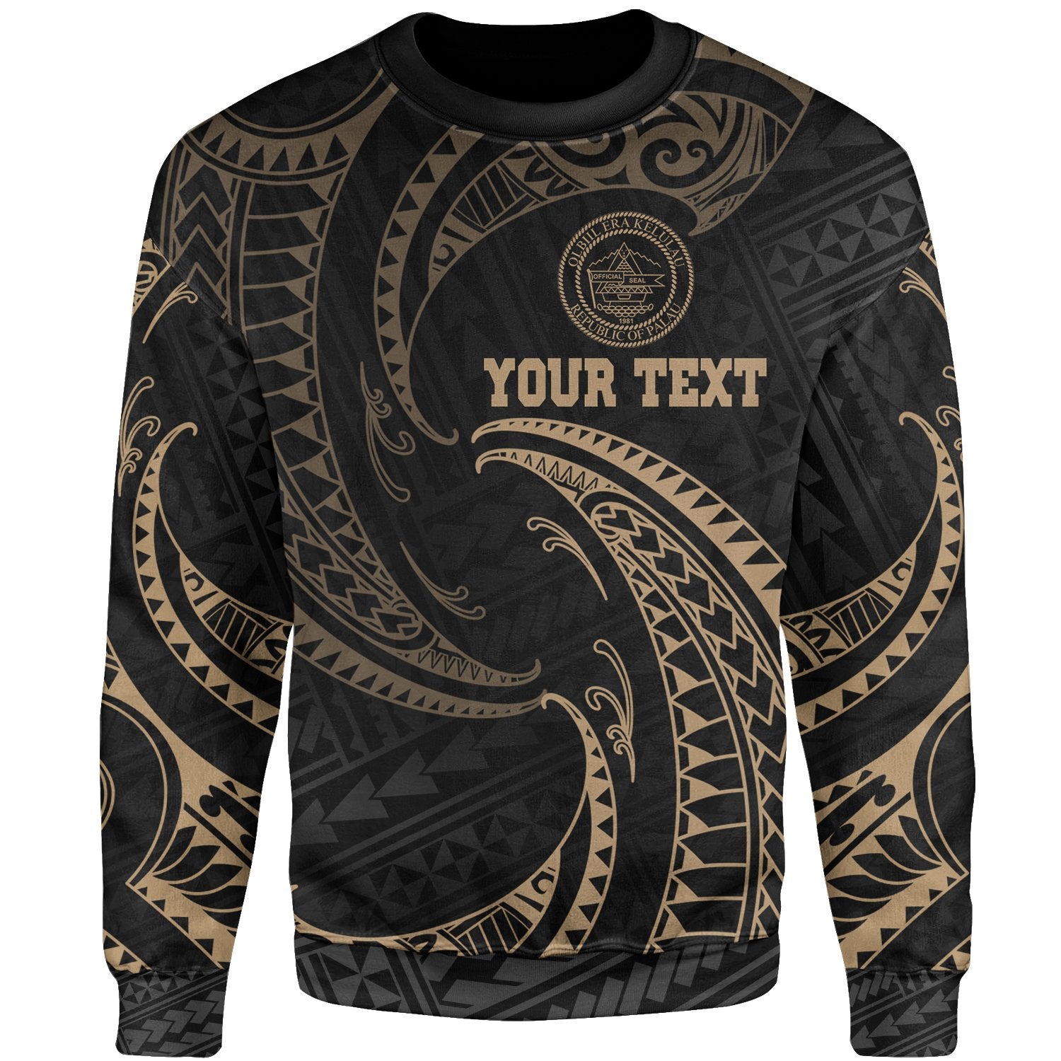 Palau Polynesian Custom Personalised Sweater - Gold Tribal Wave Unisex Gold - Polynesian Pride