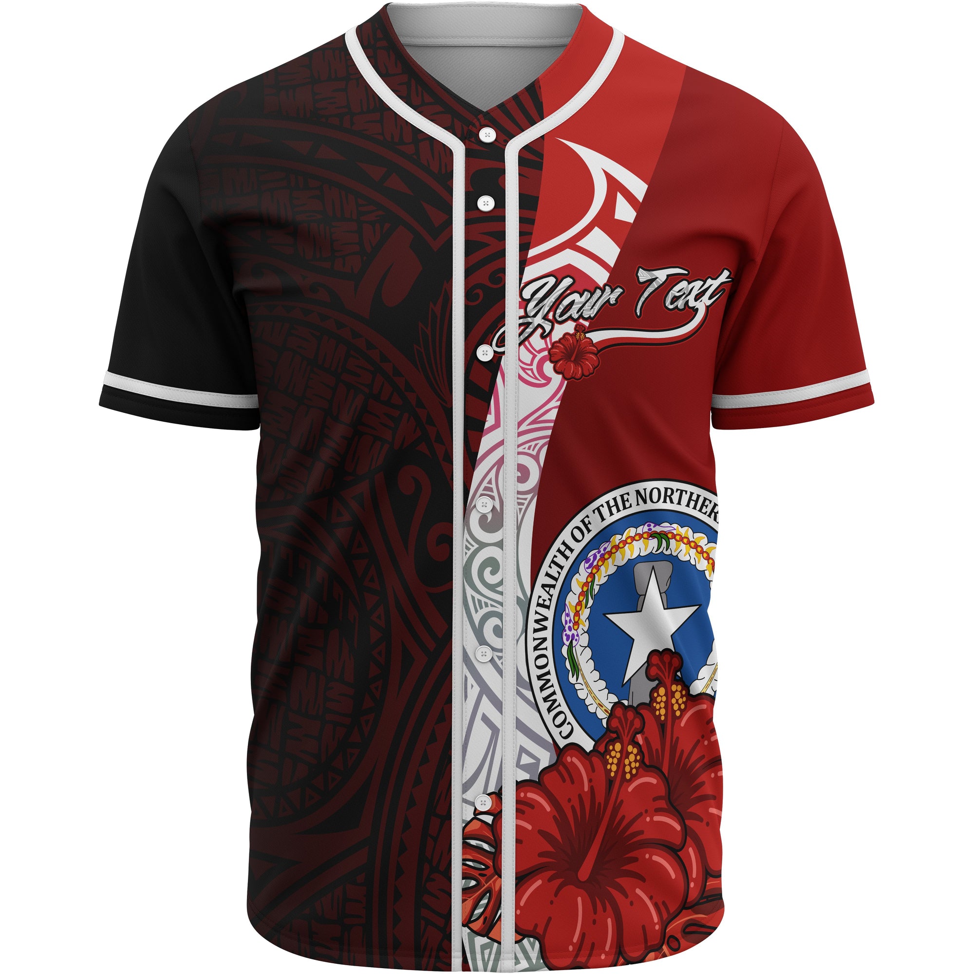 Northern Mariana Islands Polynesian Custom Personalised Baseball Shirt - Coat Of Arm With Hibiscus Unisex Red - Polynesian Pride