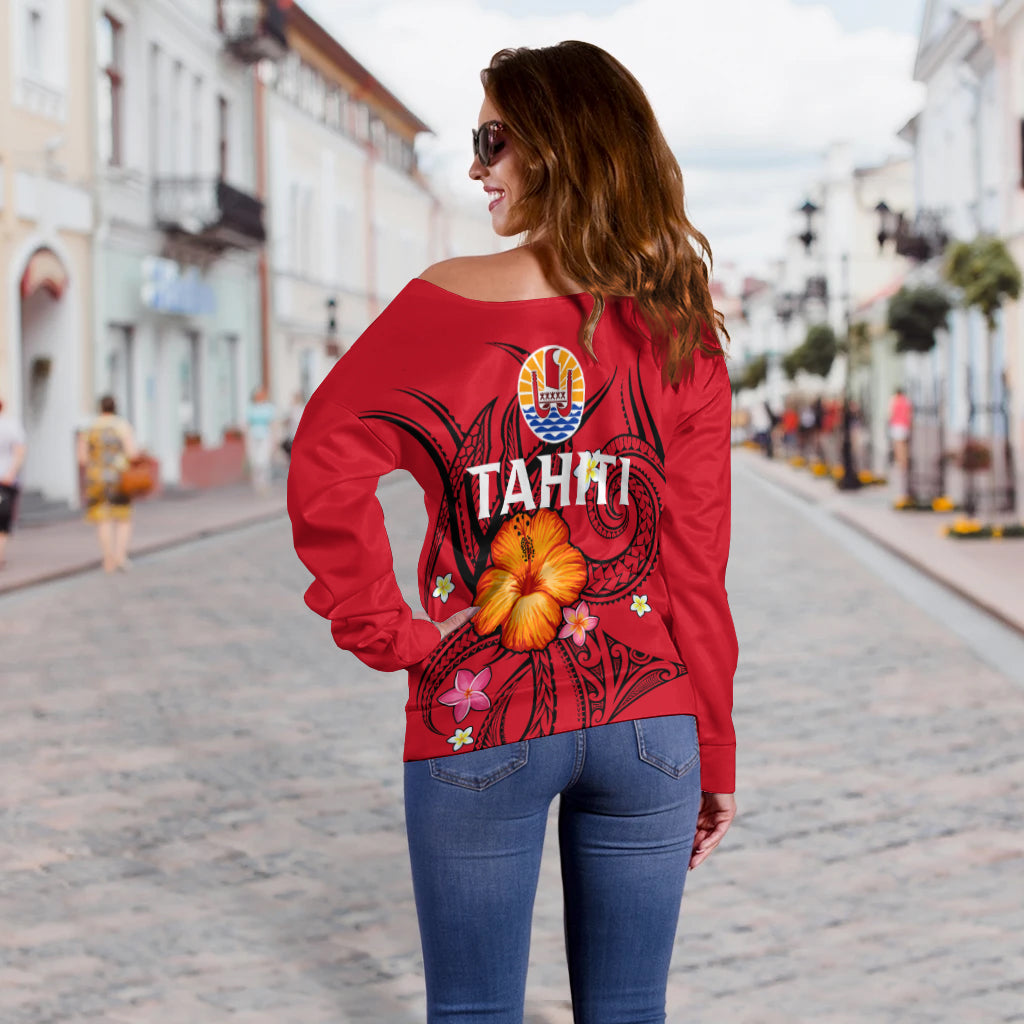 French Polynesia Women's Off Shoulder Sweater - Hibiscus With Tribal - LT12 - Polynesian Pride