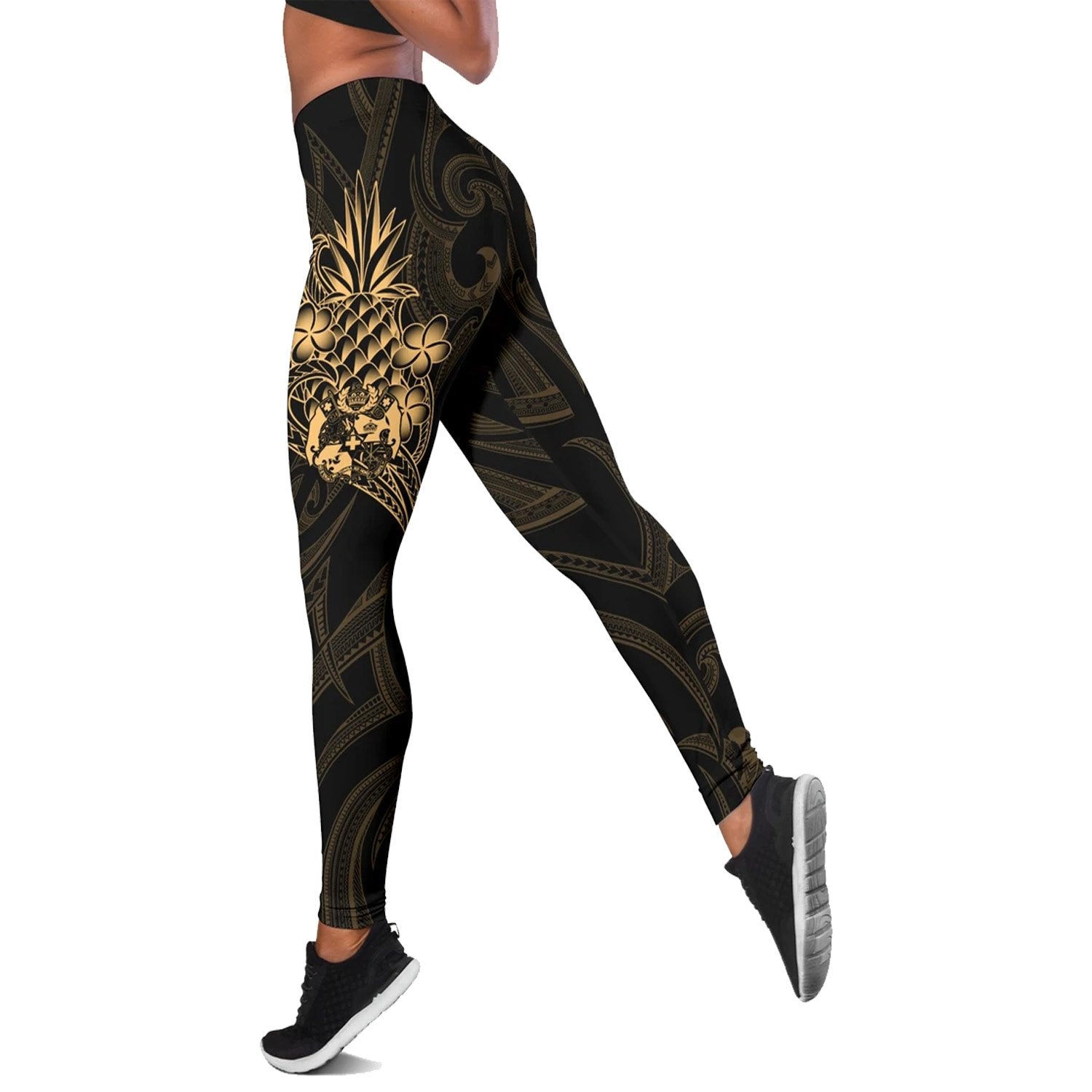 Tonga Polynesian Women's Leggings - Gold Pineapple Black - Polynesian Pride