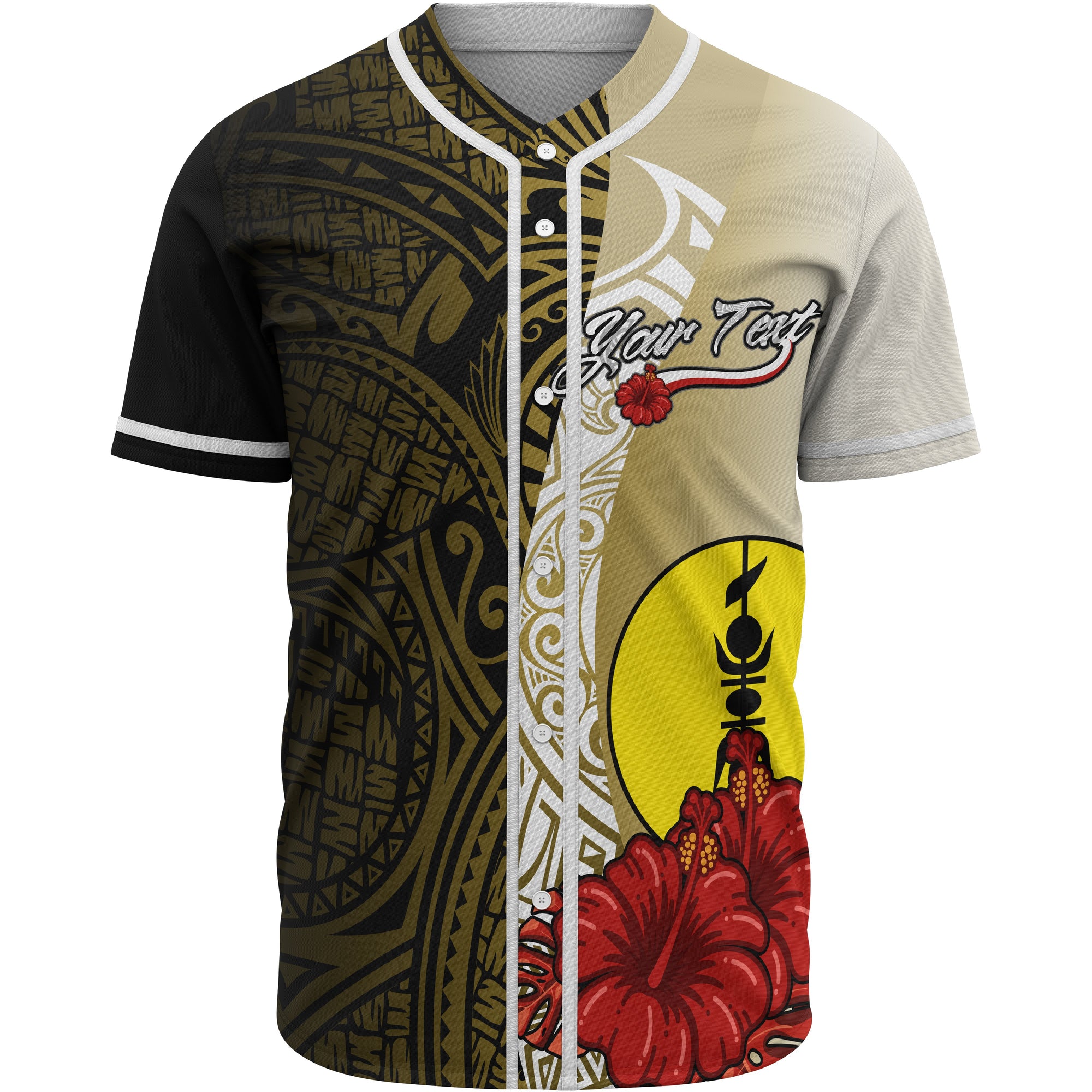 New Caledonia Polynesian Custom Personalised Baseball Shirt - Coat Of Arm With Hibiscus Gold Unisex Gold - Polynesian Pride