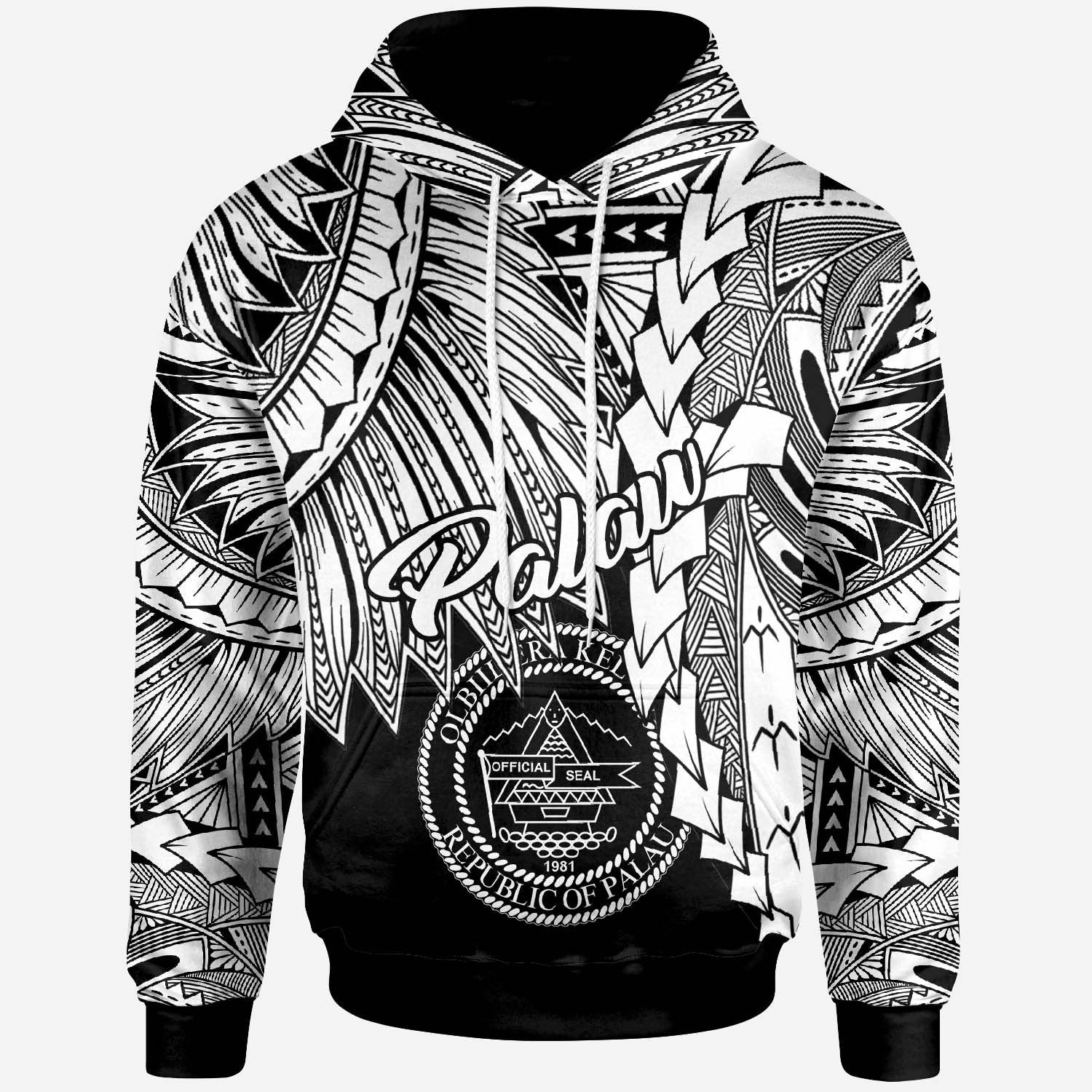 Palau Polynesian Hoodie Tribal Wave Tattoo White Unisex White - Polynesian Pride