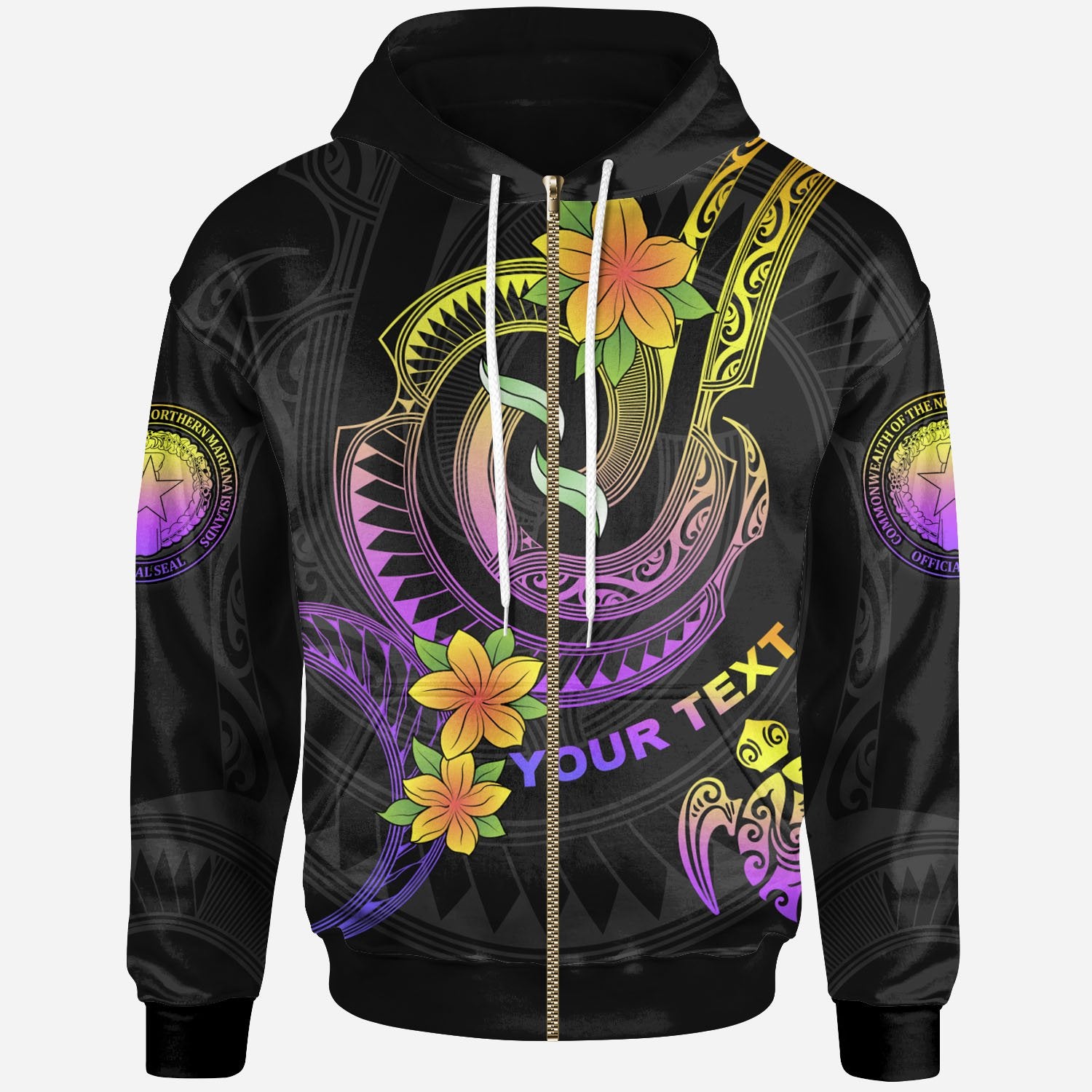 Northern Mariana Islands Custom Zip up Hoodie Plumeria Flowers with Spiral Patterns Unisex Black - Polynesian Pride