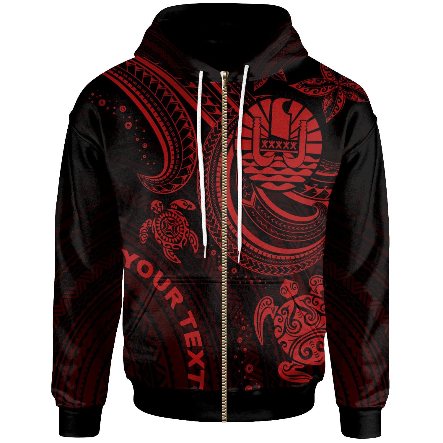 Tahiti Custom Zip up Hoodie Red Turtle Unisex Red - Polynesian Pride