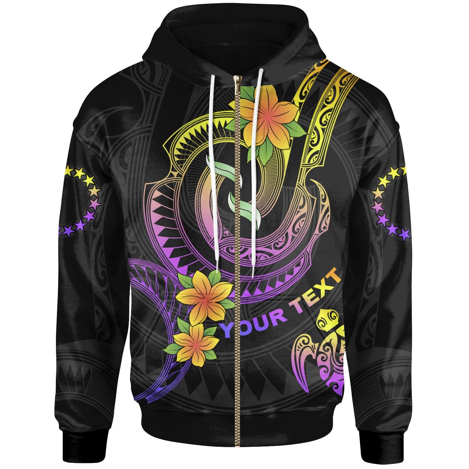 Cook Islands Custom Zip up Hoodie Plumeria Flowers with Spiral Patterns Unisex Black - Polynesian Pride