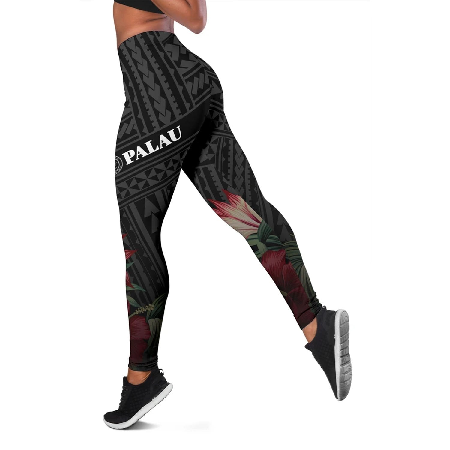 Palau Polynesian Women's Legging - Tropical Vintage Hibiscus Black - Polynesian Pride