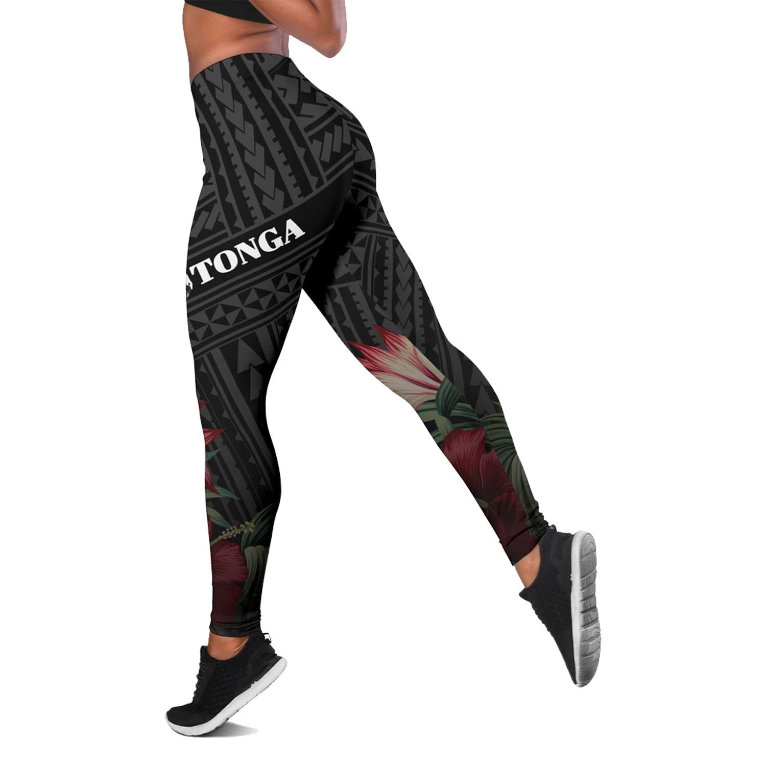 Tonga Polynesian Women's Legging - Tropical Vintage Hibiscus Black - Polynesian Pride