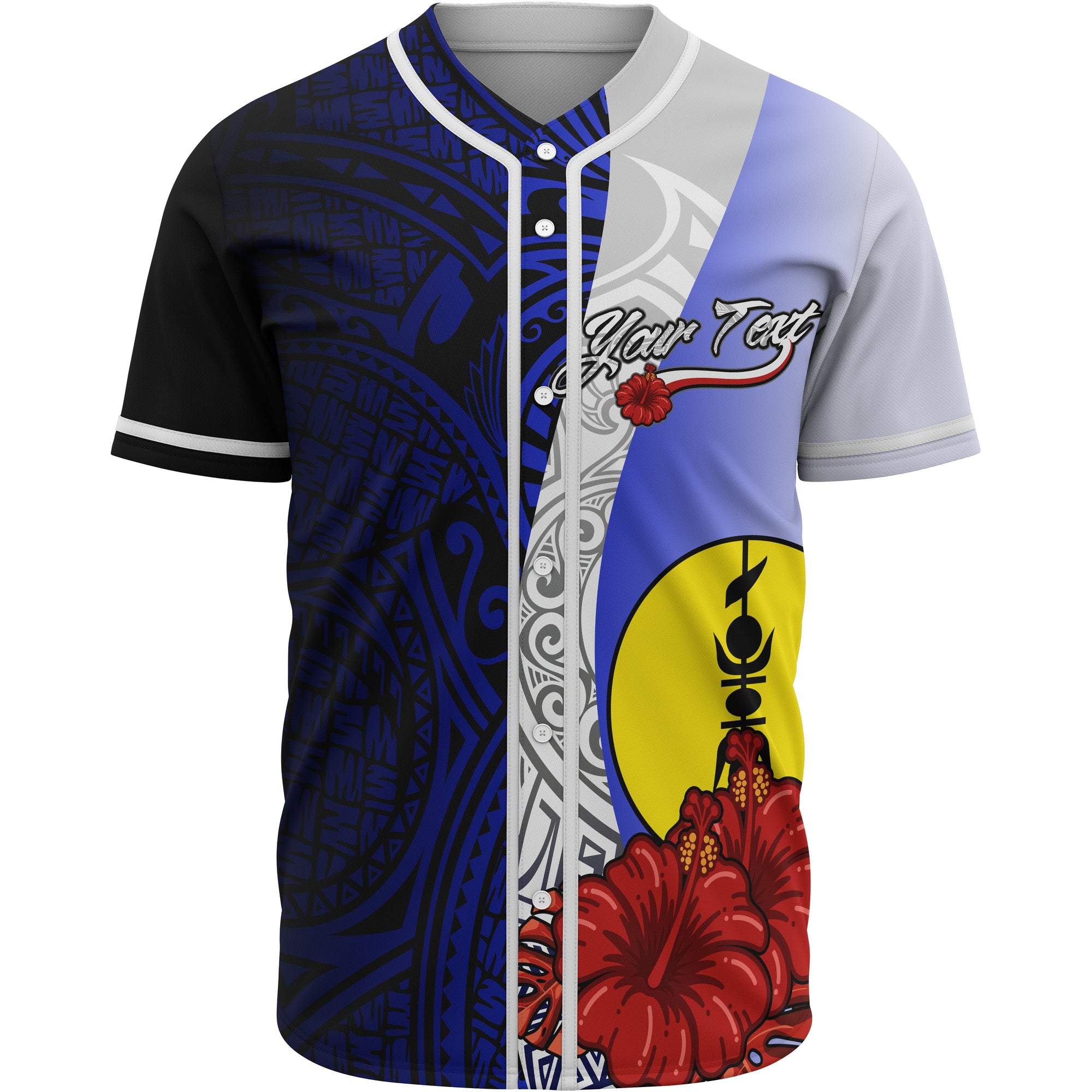 New Caledonia Polynesian Custom Personalised Baseball Shirt - Coat Of Arm With Hibiscus Blue Unisex Blue - Polynesian Pride