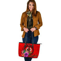 Vanuatu Polynesian Large Leather Tote - Floral With Seal Red - Polynesian Pride