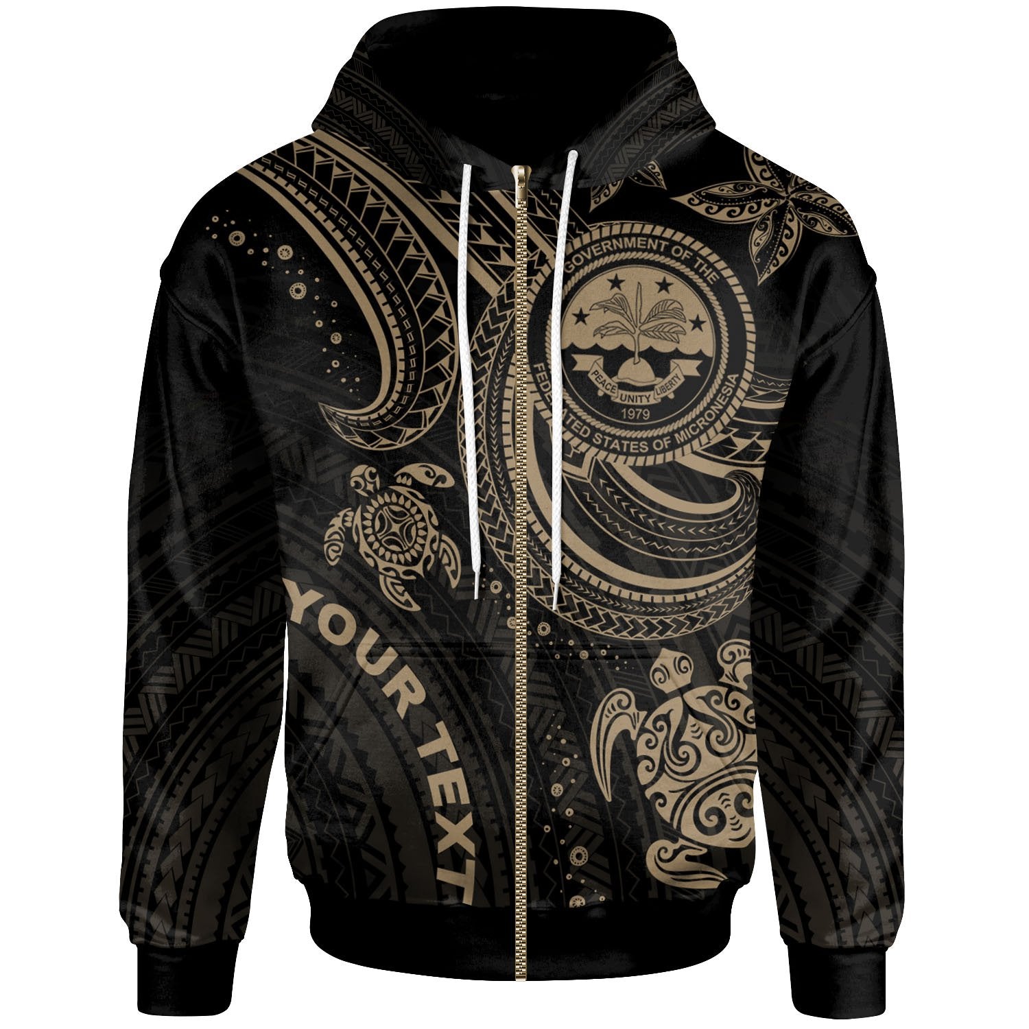 Federated States of Micronesia Custom Zip up Hoodie Coat of Arm with Gold Turtle Unisex Gold - Polynesian Pride