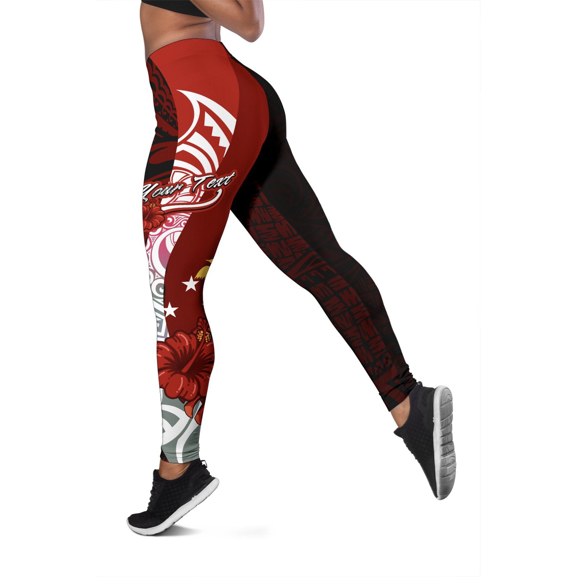 Papua New Guinea Polynesian Custom Personalised Legging - Coat Of Arm With Hibiscus Red - Polynesian Pride