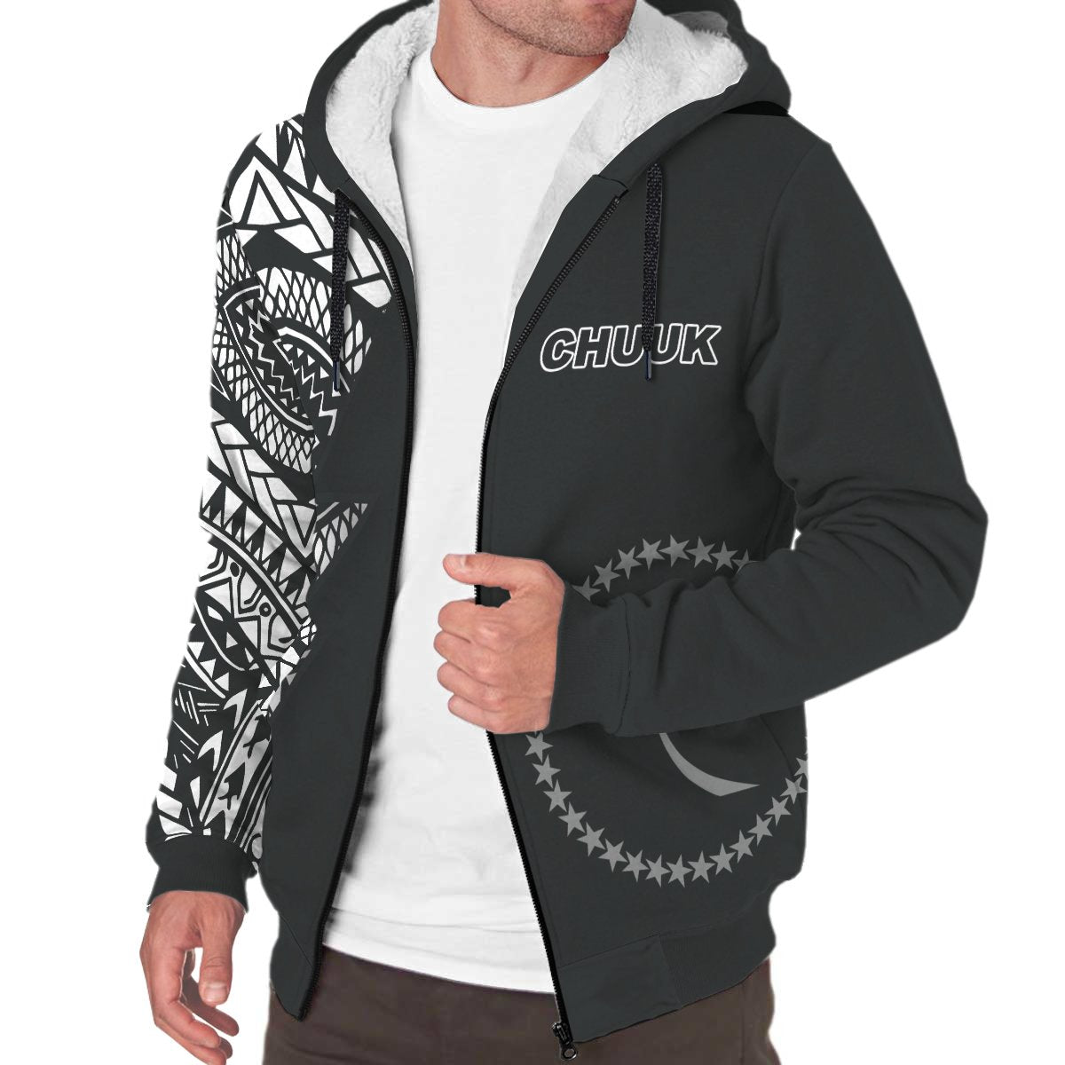 Chuuk Pattern Sherpa Hoodie - Black Style - FSM - Polynesian Pride