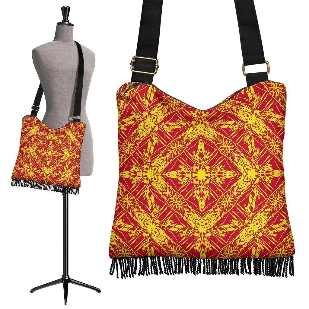 Polynesian Tribal Crossbody Boho Handbag Red And Yellow Crossbody Boho Handbag One Size Black - Polynesian Pride