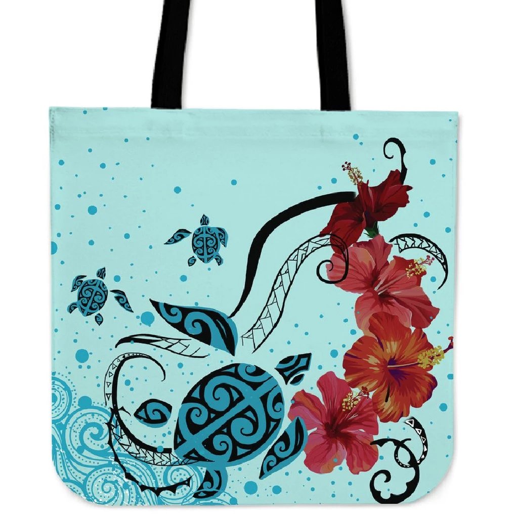 Sea Turtle Hibiscus Tote Bag Tote Bag One Size Blue - Polynesian Pride