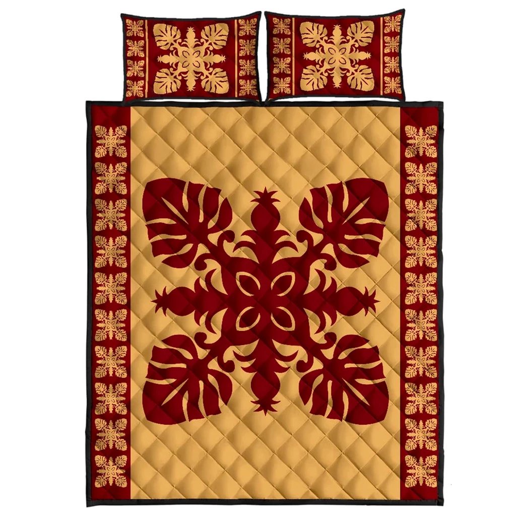 Hawaiian Quilt Pattern Palm Tree And Pineapple New Quilt Bed Set Gold - Polynesian Pride