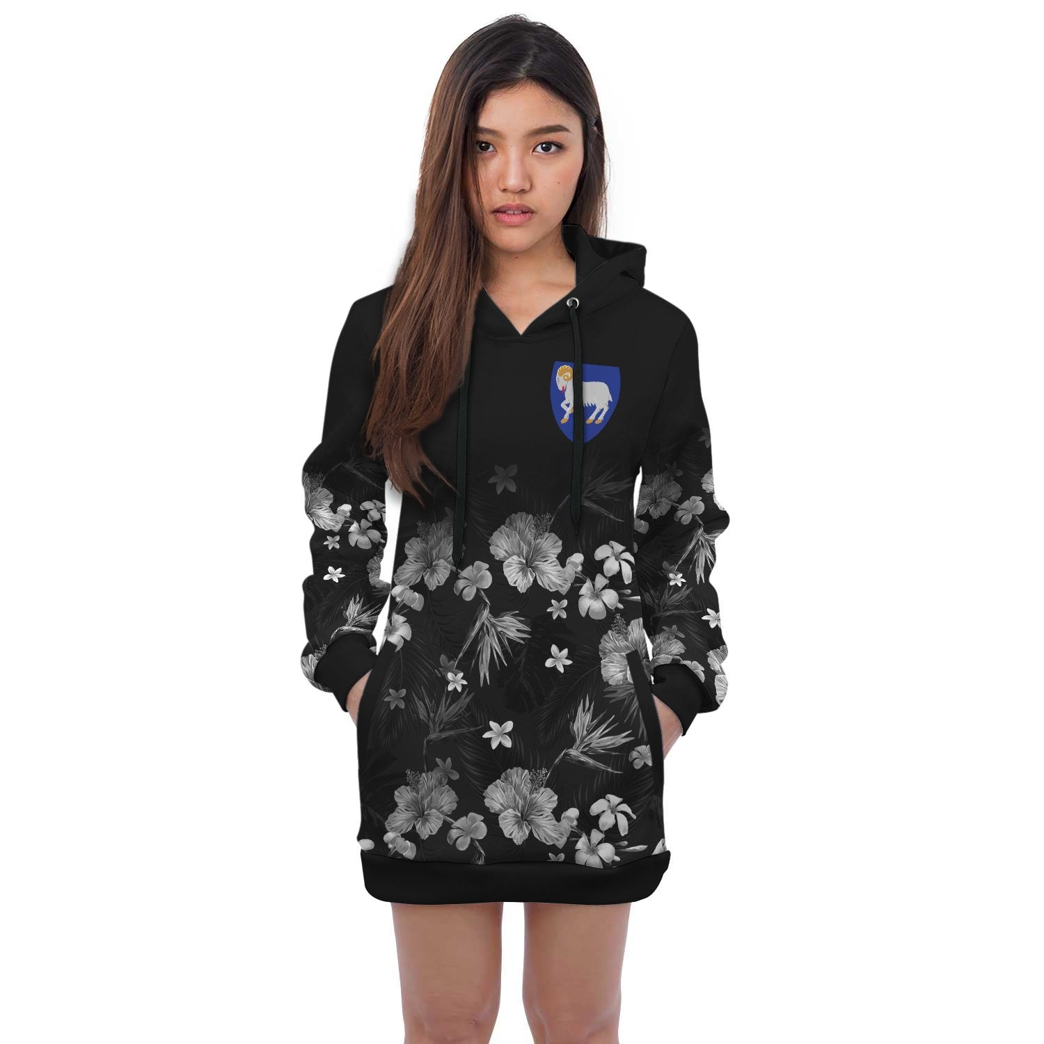 Faroe Islands Hoodie Dress - Faroe Islands Coat Of Arms Hibiscus Special Black - Polynesian Pride