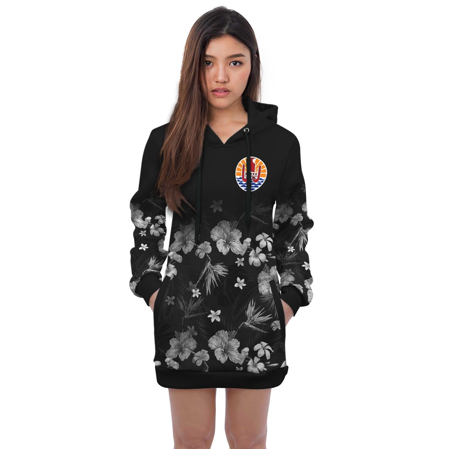 French Polynesia Hoodie Dress - French Polynesia Flag Hibiscus Special Black - Polynesian Pride