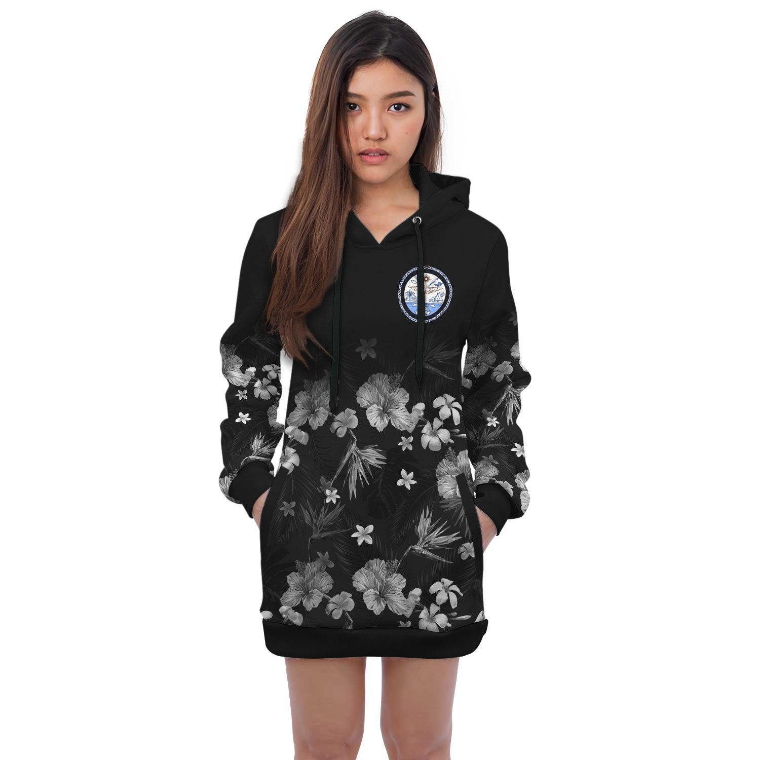 Marshall Islands Hoodie Dress - Marshall Islands Seal Hibiscus Special Black - Polynesian Pride