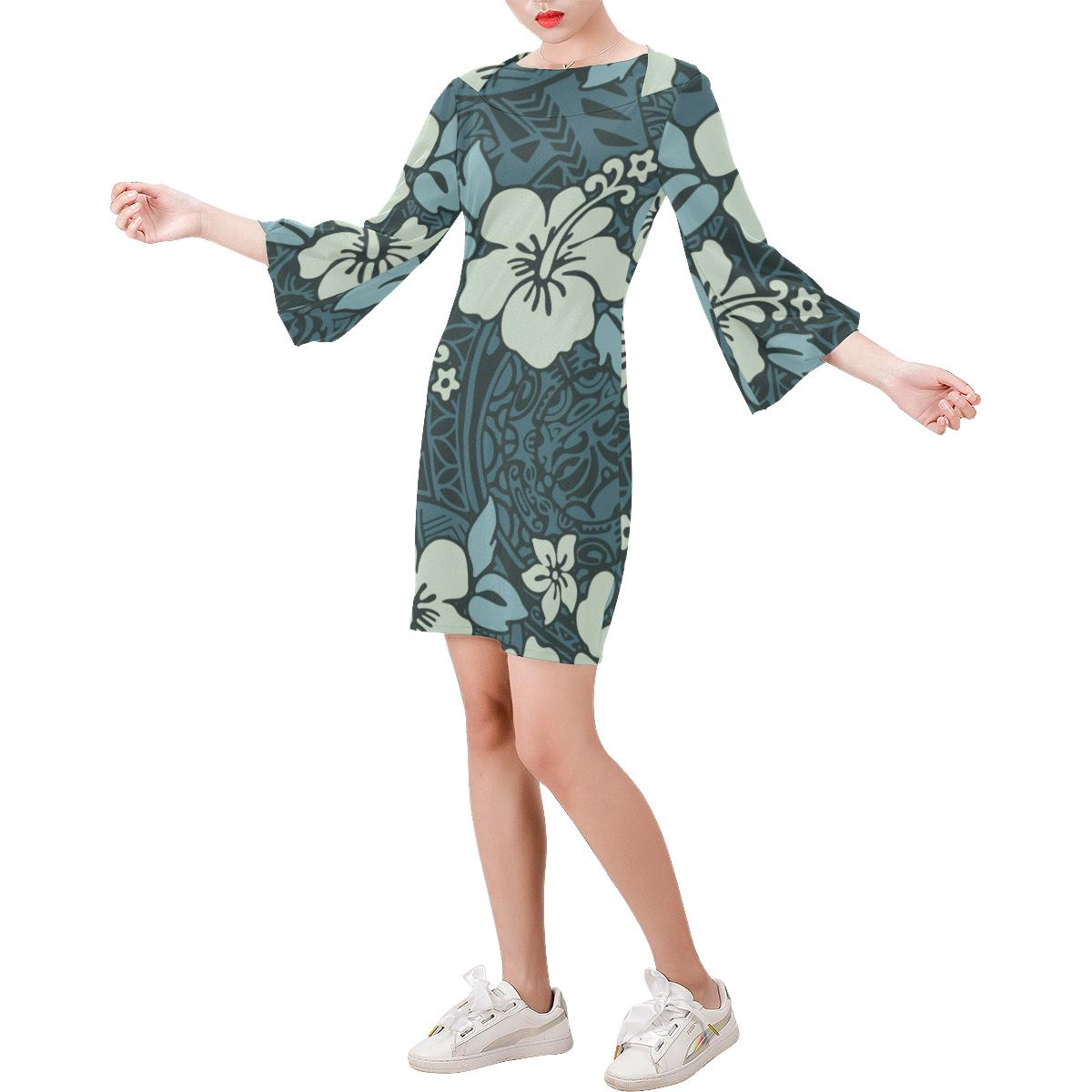 Hawaii Bell Sleeve Dress - Hibiscus Tribal Pattern - Polynesian Pride